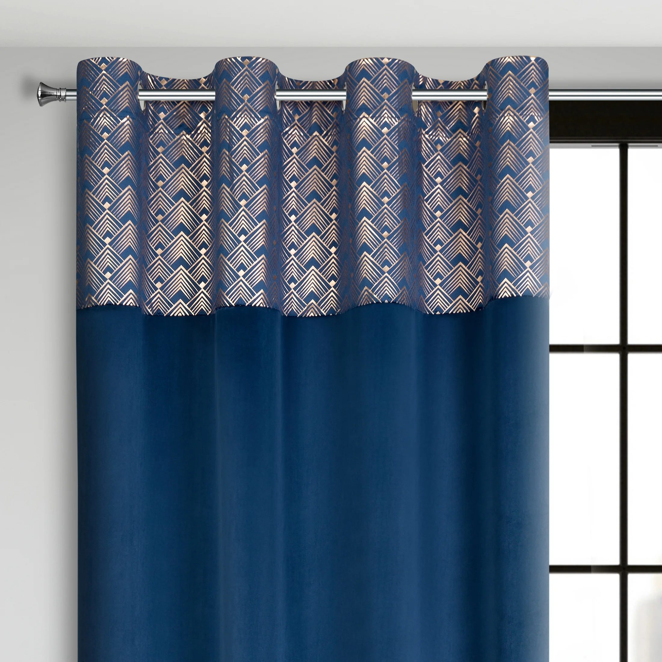 Zasłona granatowa ze złotym wzorem z błyszczącego welwetu 140x250 cm przelotka - ELEN | eurofirany