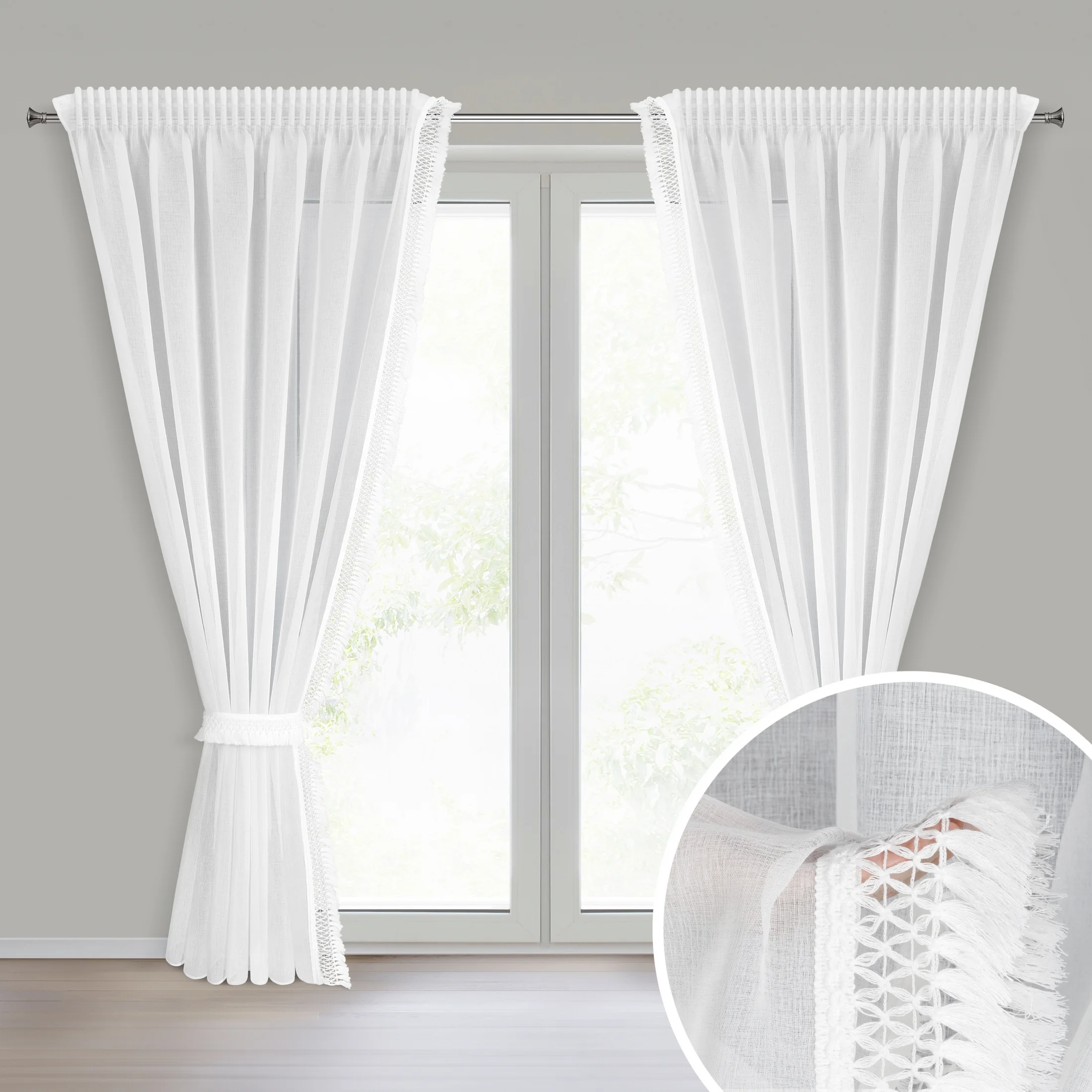 Komplet firan białych 2 szt z etaminy zdobionych subtelnymi frędzlami w zestawie troczki 140x270 cm taśma KIRA 3 | eurofirany