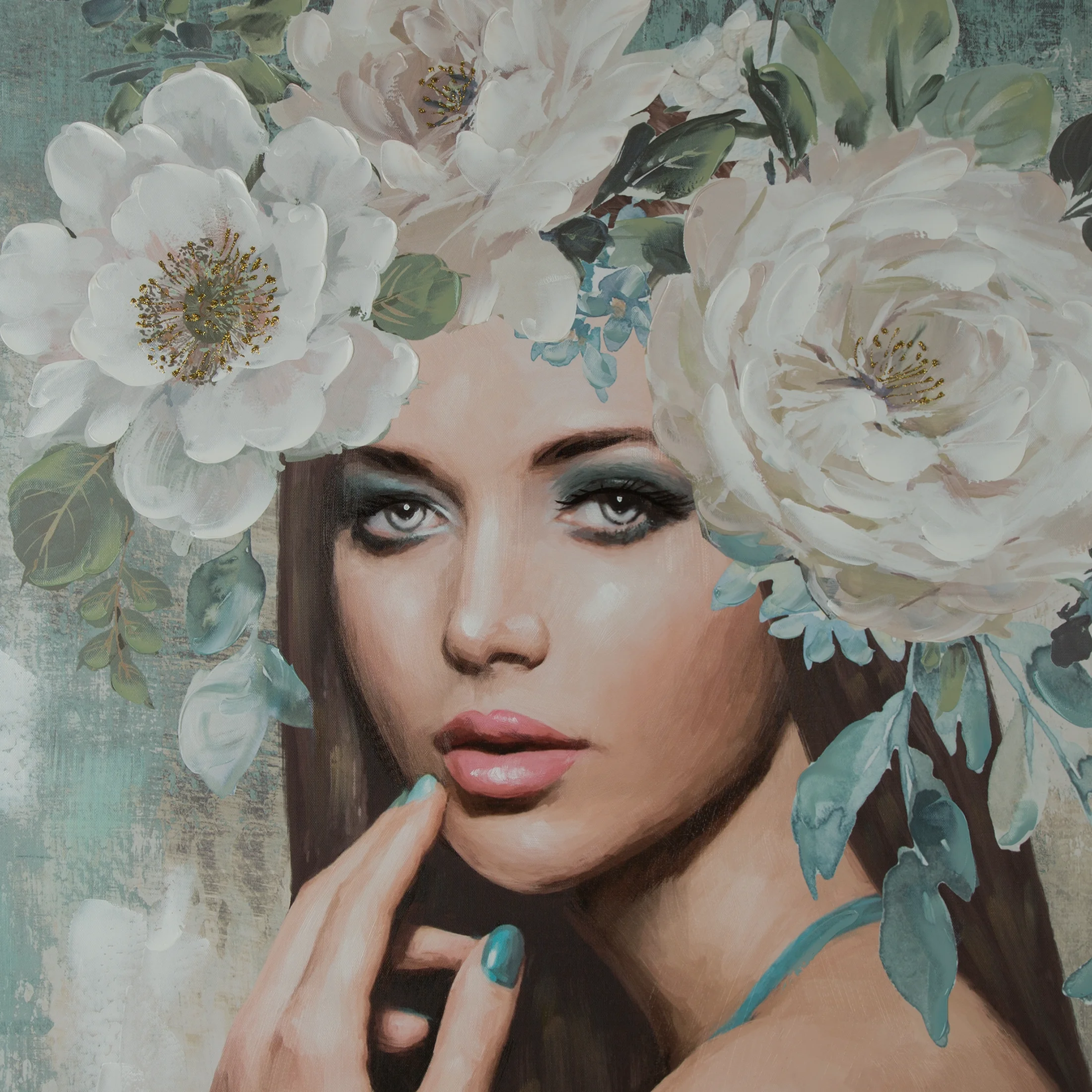 Obraz postaci turkusowo, biały ręcznie malowany na płótnie 80x120 cm BLUSH 1