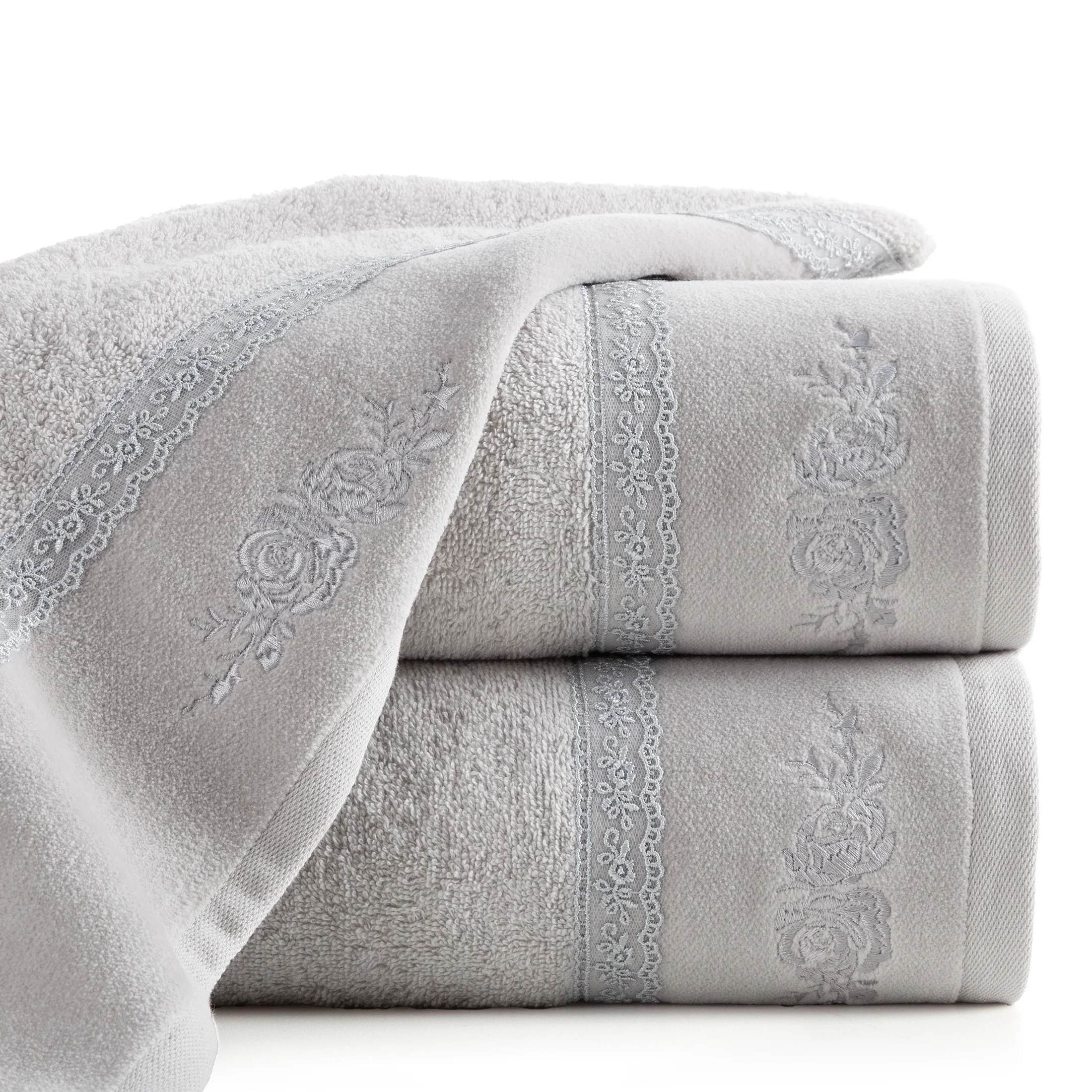 Ręcznik do rąk 30x50 cm bawełniany kolor srebrny z koronką oraz subtelnym haftem 500 g/m2 SISI