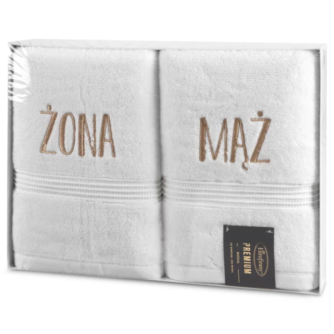 Zestaw ręczników bawełnianych na prezent 2 szt 50x90 cm kolor biały z haftem ŻONA MĄŻ