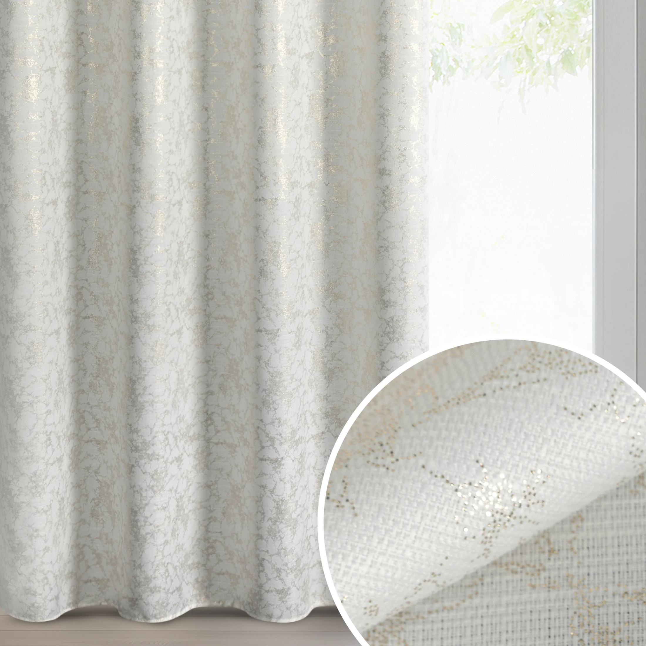 Zasłona kremowo, szampańska zdobiona nadrukiem imitującym marmurek 140x250 cm przelotka - RONYA | eurofirany