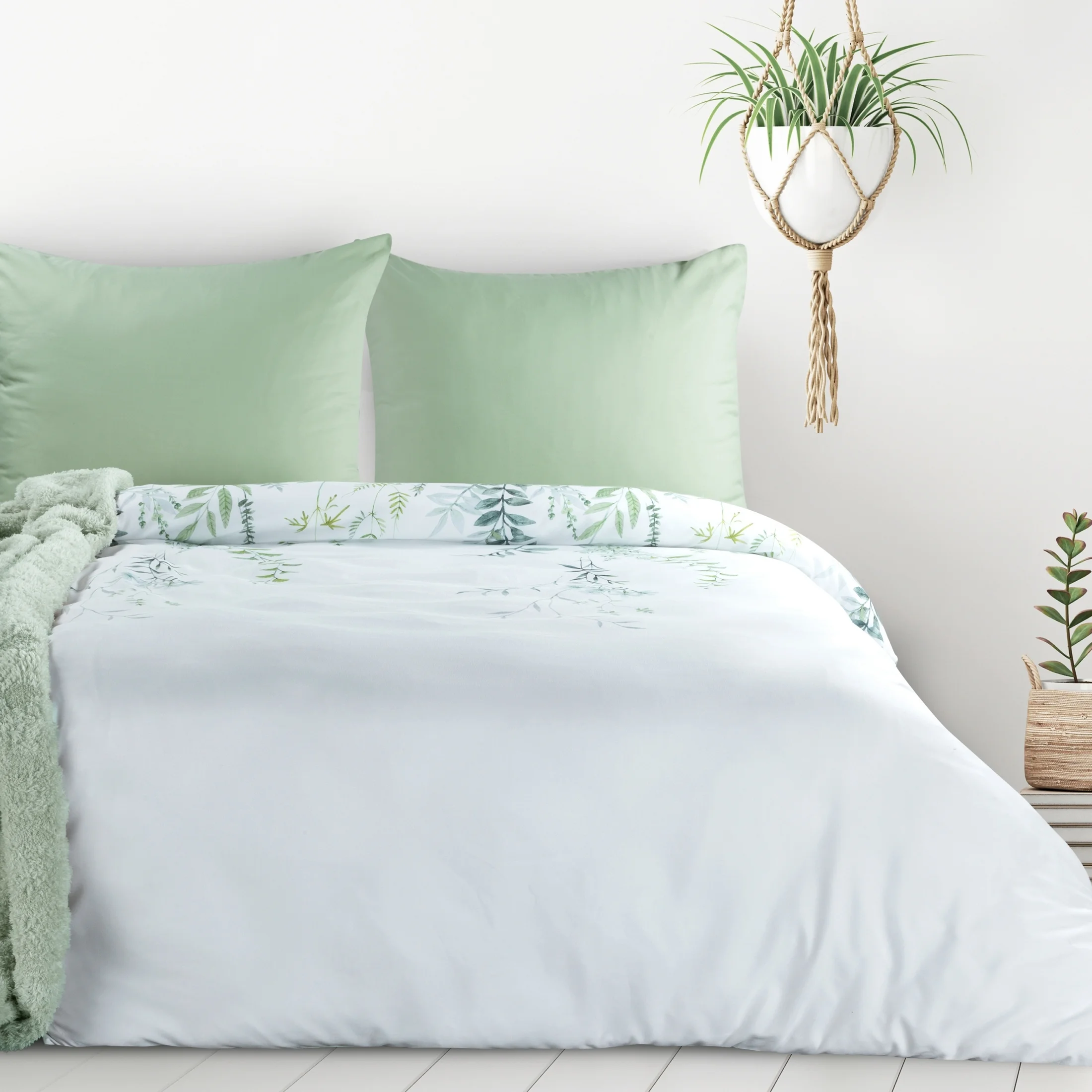 Pościel 160x200 cm kolor biało, zielony z motywem liści VERONO7 design 91 | eurofirany