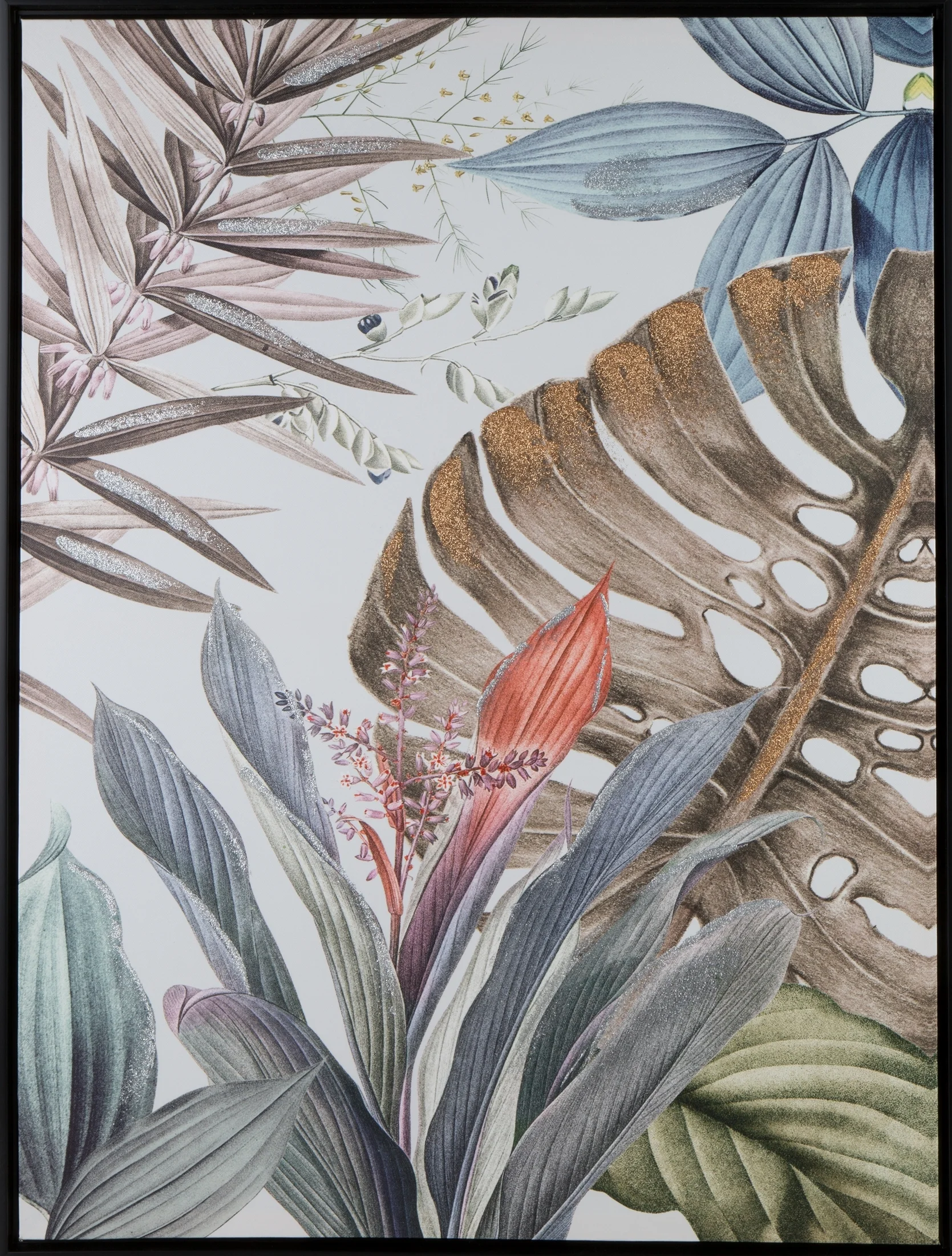 Obraz COLORS 1 barwne egzotyczne liście z akcentami złota i srebra, nadruk na płótnie w czarnej ramie | eurofirany