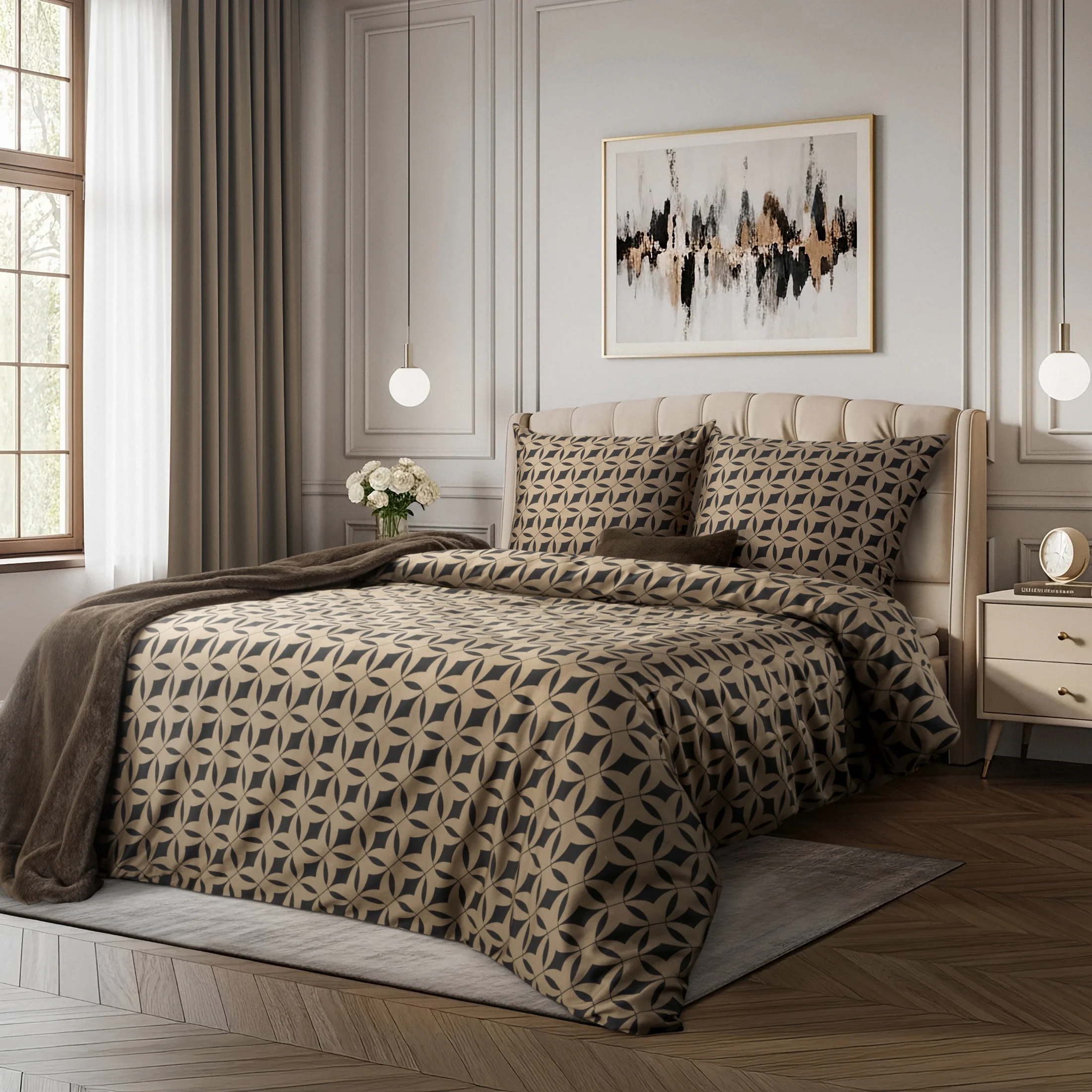 Pościel 160x200 cm z makosatyny bawełnianej kolor ciemnobrązowy, jasnobrązowy z motywem geometrycznym REINA 52 - kolekcja VULCANO | eurofirany