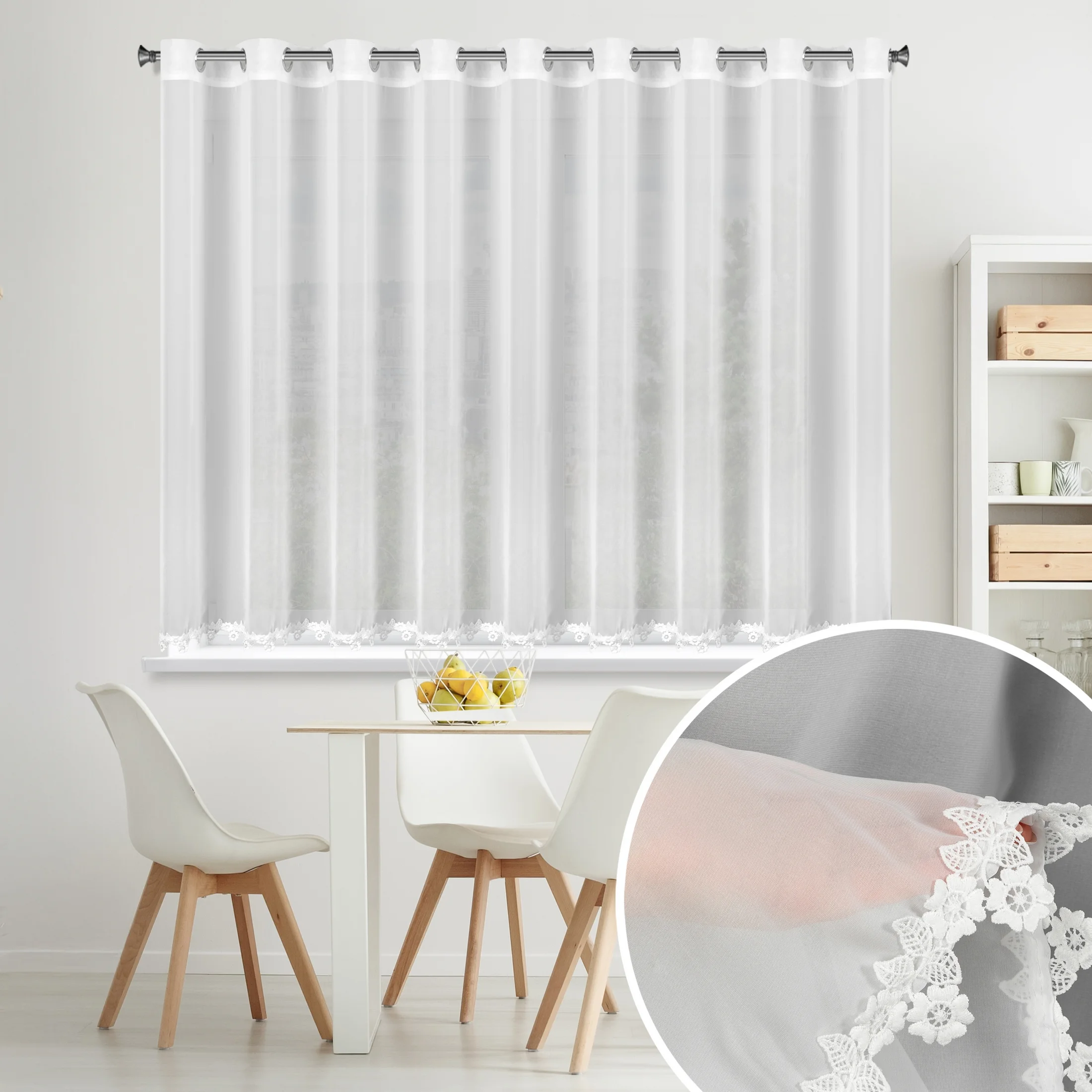 Firana biała z szyfonu zdobiona haftowaną aplikacją 400x140 cm przelotka - LILI | eurofirany