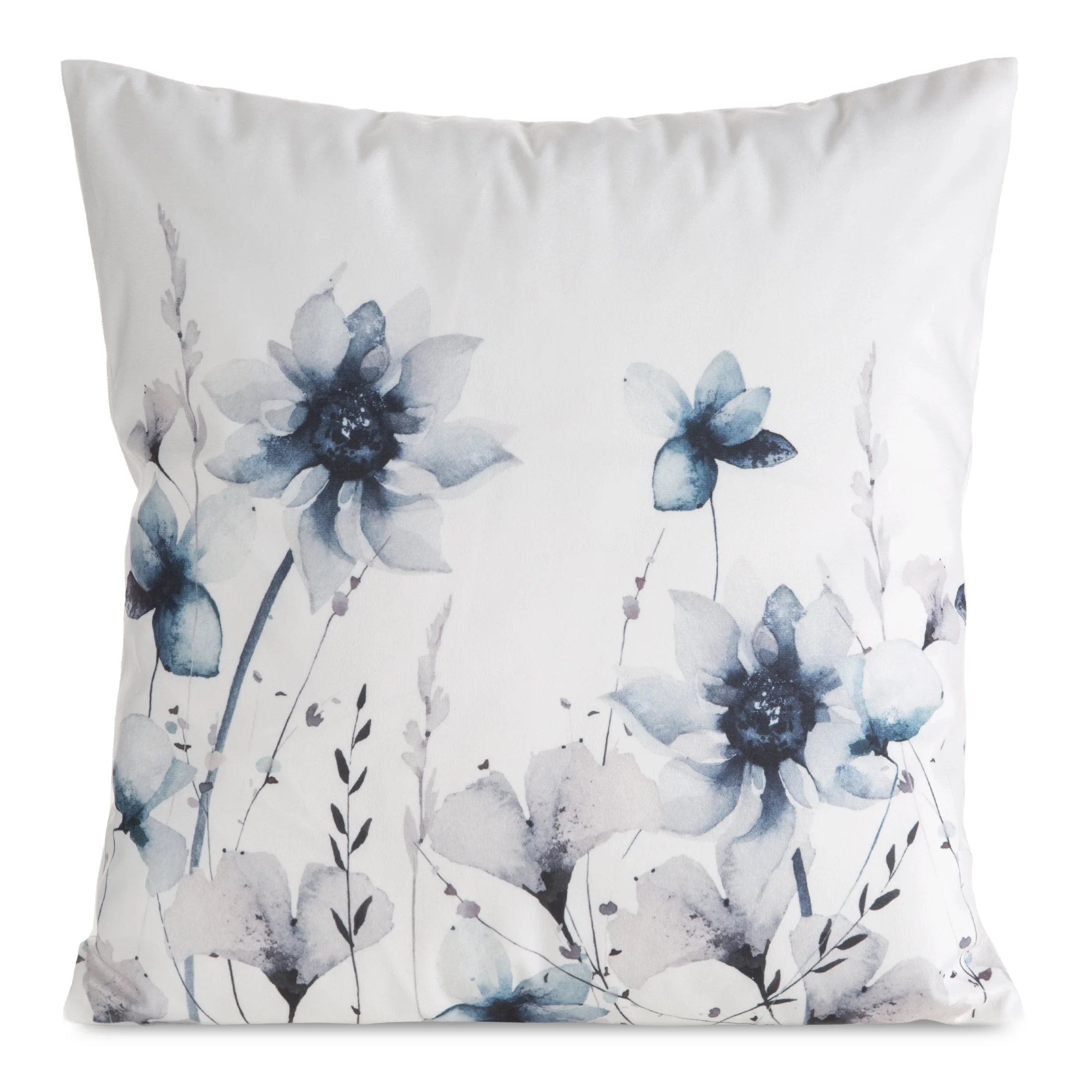 Poszewka na poduszkę 45x45 cm welwetowa biało, granatowa zdobiona nadrukiem letnich kwiatów MINK | eurofirany