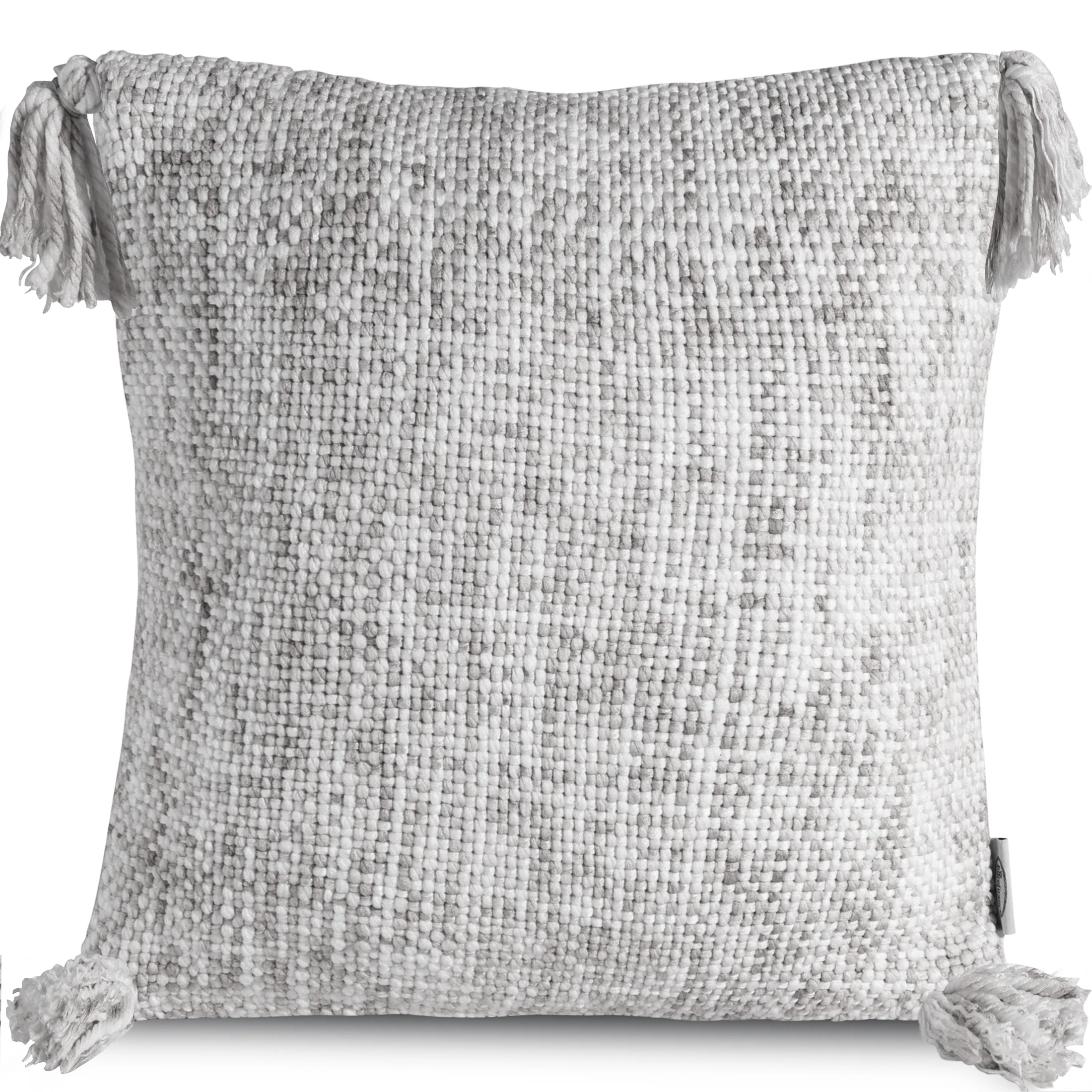 Poszewka na poduszkę 40x40 cm z tkaniny o wyraźnym grubym splocie srebrna z chwostami na rogach GATI | eurofirany