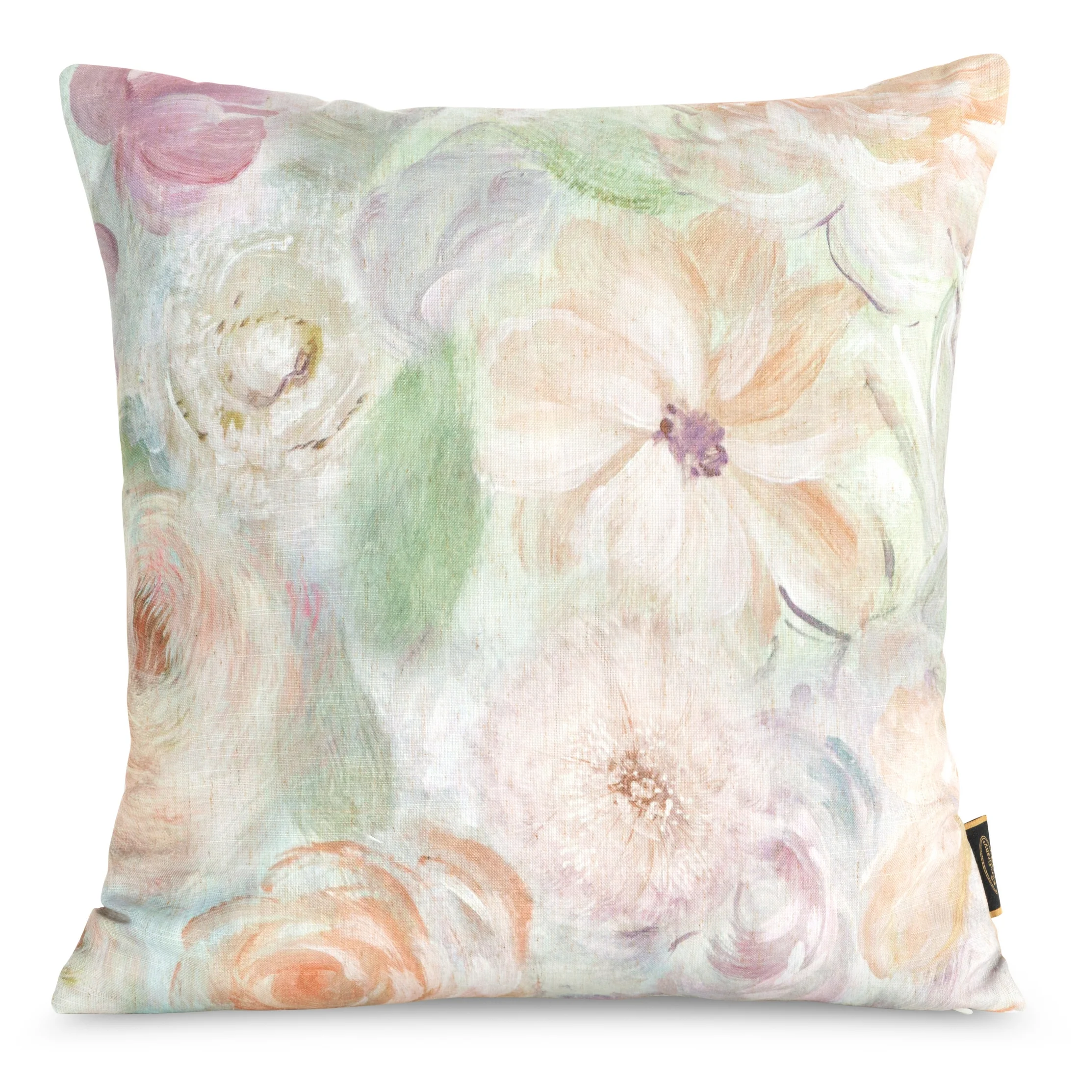 Poszewka na poduszkę 45x45 cm o strukturze lnu z nadrukiem subtelnych kwiatów beżowo, zielona LEN | eurofirany