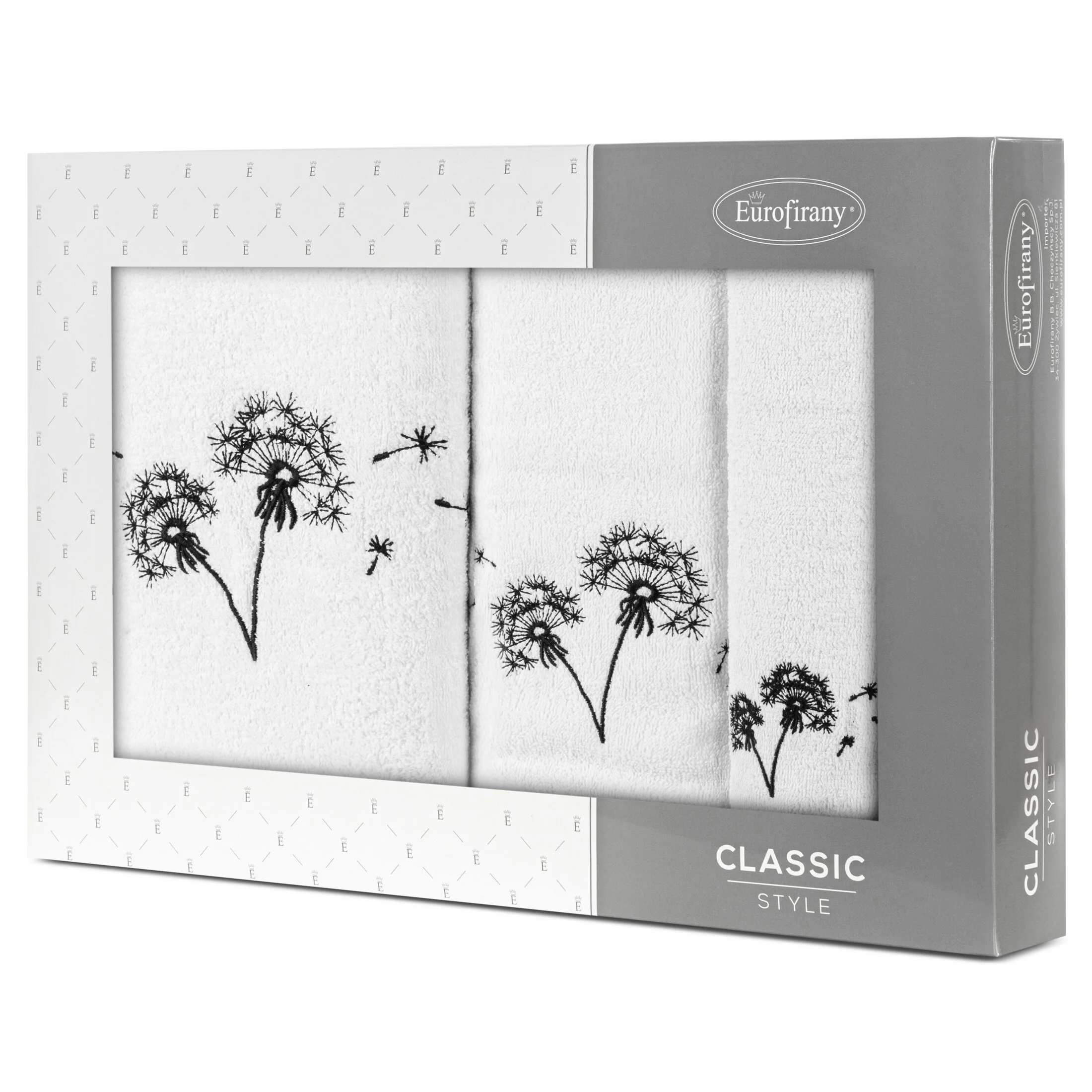 Zestaw ręczników bawełnianych na prezent 3 szt kolor biały, czarny z haftem kwiatów 400 g/m2 MOLI