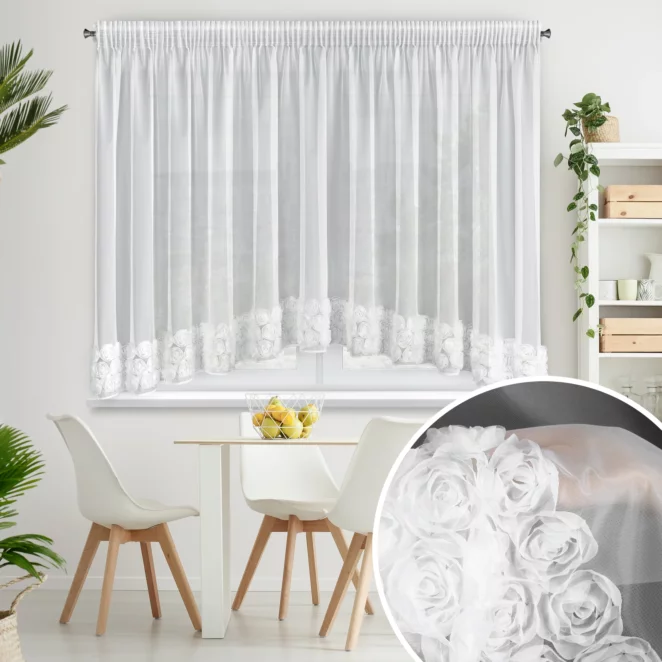 Firana biała z siateczki zdobiona łukiem 3D róż 400x160 cm taśma - ROSES4 - Eva Minge
