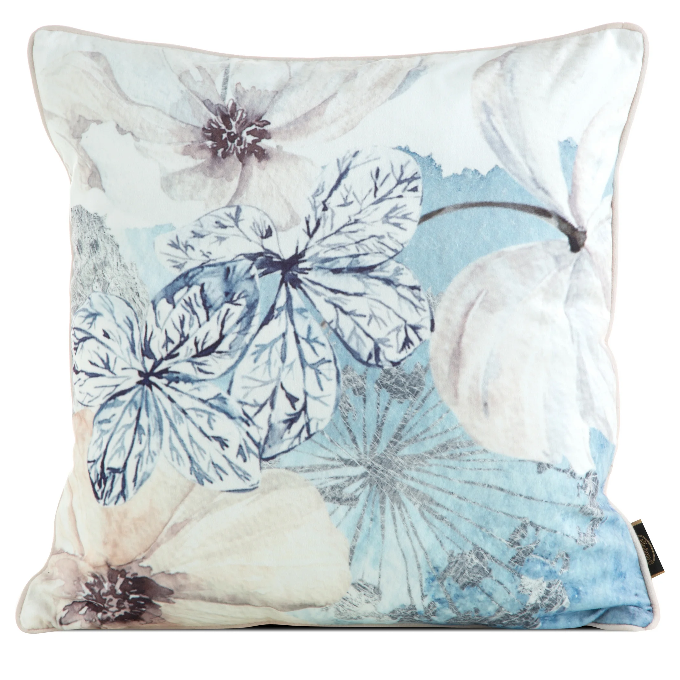 Poszewka na poduszkę 45x45 cm welwetowa, niebiesko beżowa, dwustronna z motywem kwiatów VELVET 126 Eurofirany Premium | eurofirany