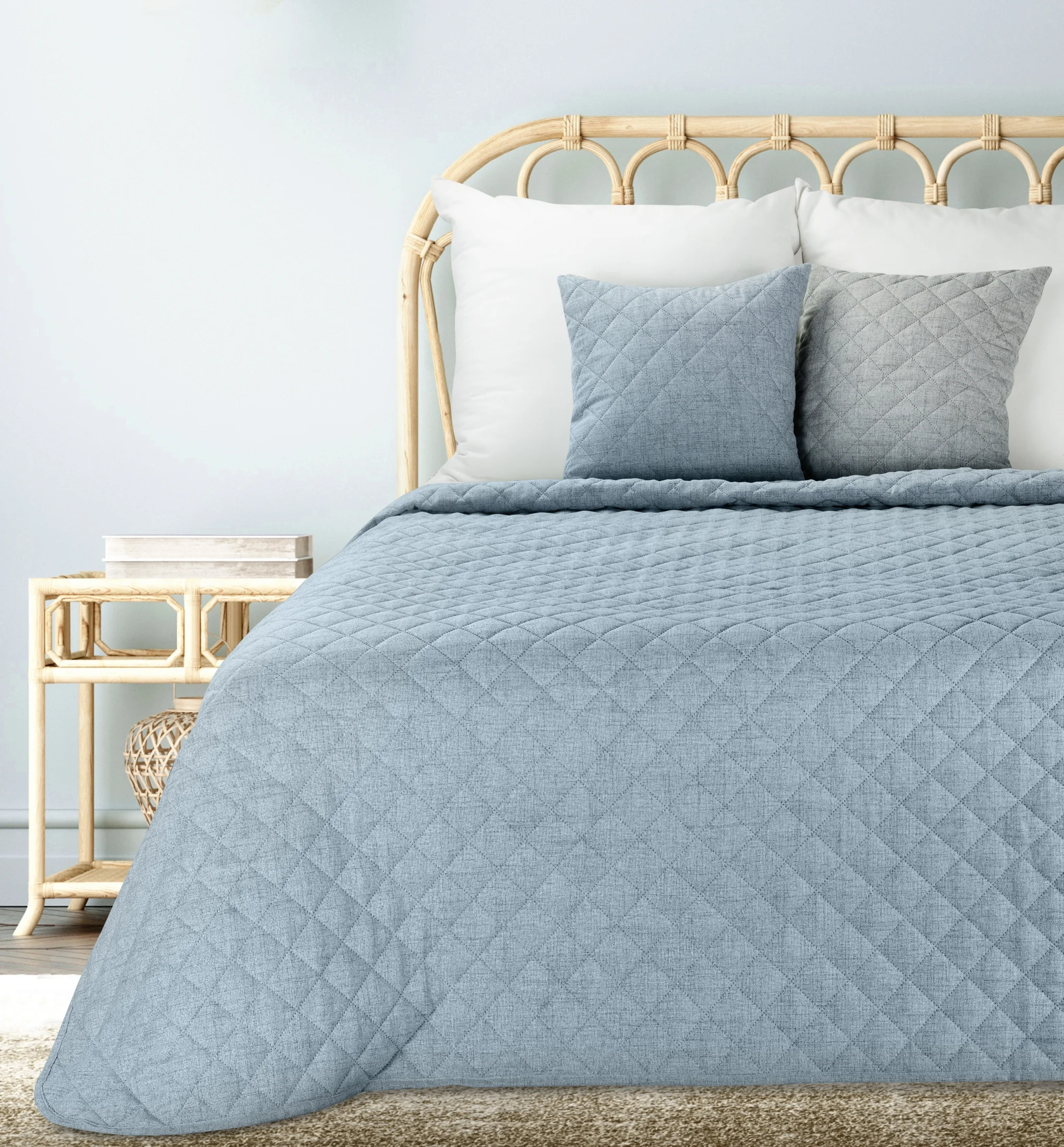 Narzuta o strukturze lnu niebieska 170x210 cm pikowana metodą hot press LEN 1 Eurofirany Premium | eurofirany