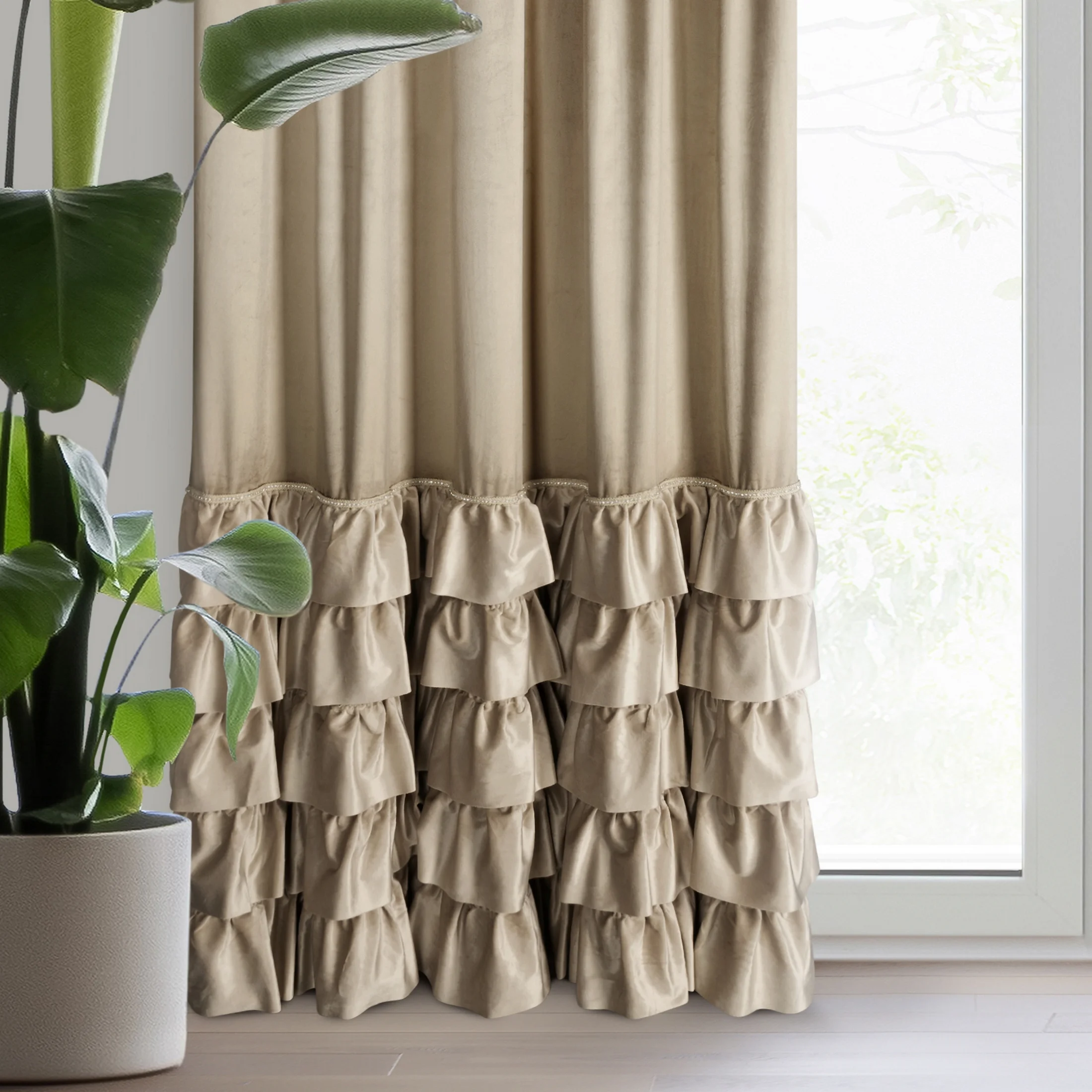 Zasłona welwetowa ciemnobeżowa zdobiona falbanami i lśniącymi akcentami 140x250 cm taśma - CARLI | eurofirany