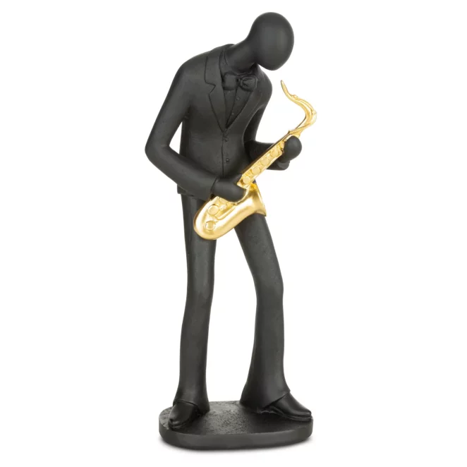 Figurka ceramiczna czarno-złota w kształcie postaci trzymającej saksofon 15x11x36 cm RICO