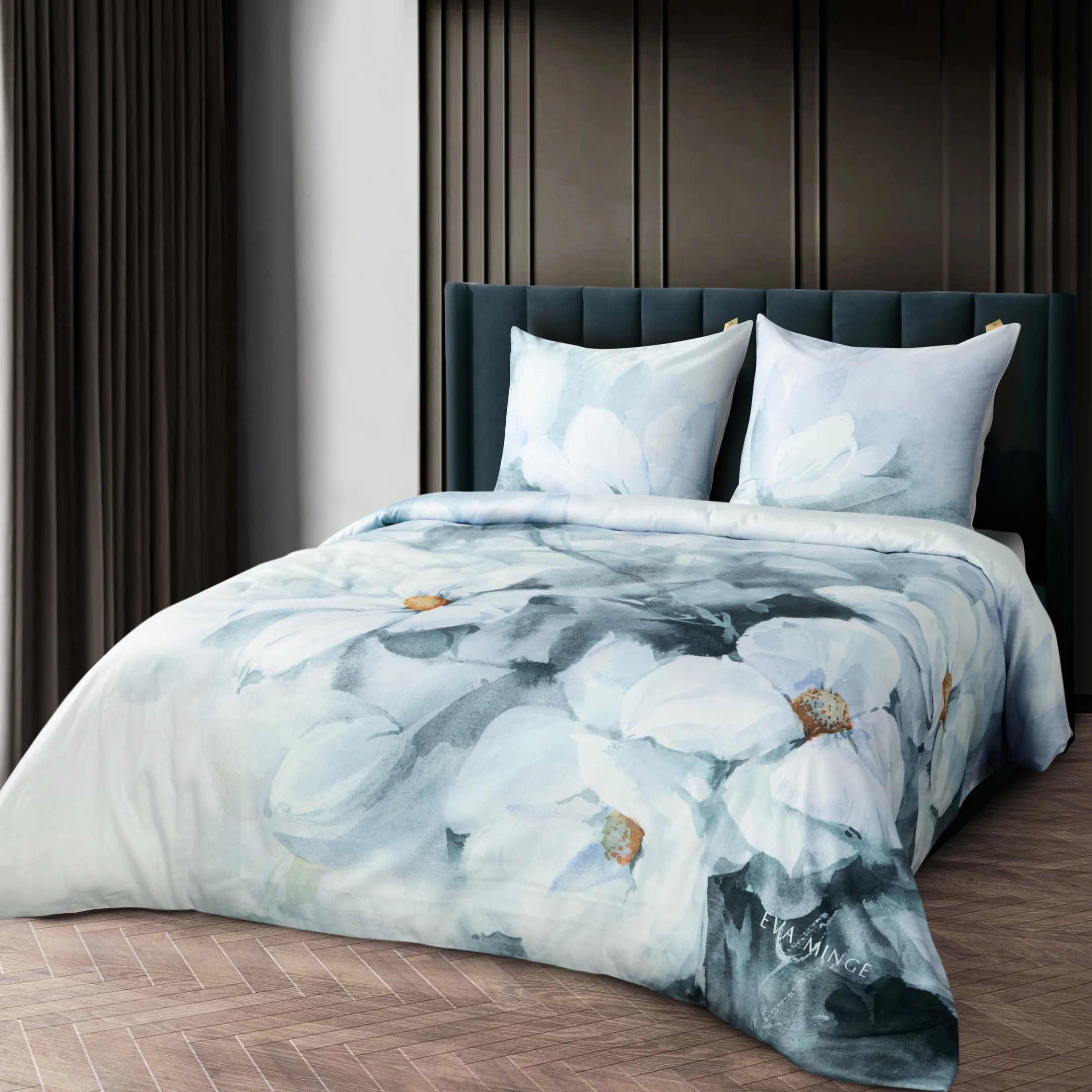 Pościel 160x200 cm z makosatyny bawełnianej kolor miętowy, kremowy z wzorem designerskim BLOOM Eva Minge | eurofirany