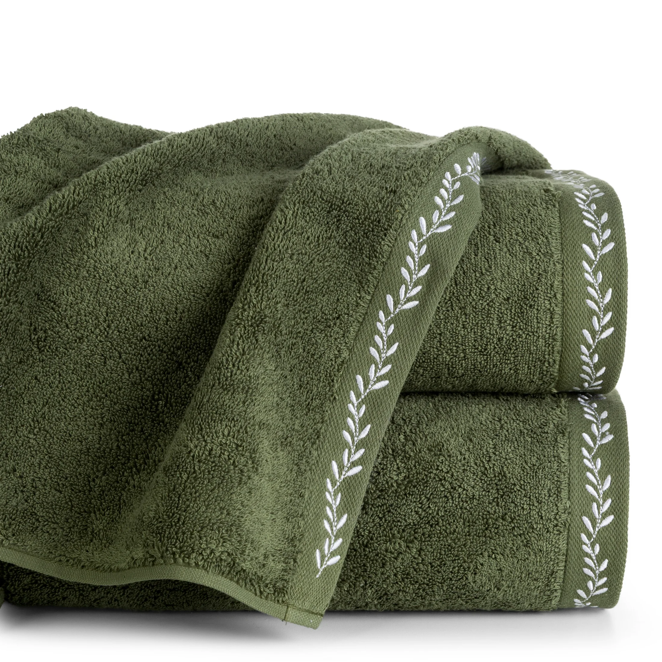 Ręcznik kąpielowy 70x140 cm bawełniany kolor oliwkowo, biały zdobiony haftowaną bordiurą 500 g/m2 SELENE