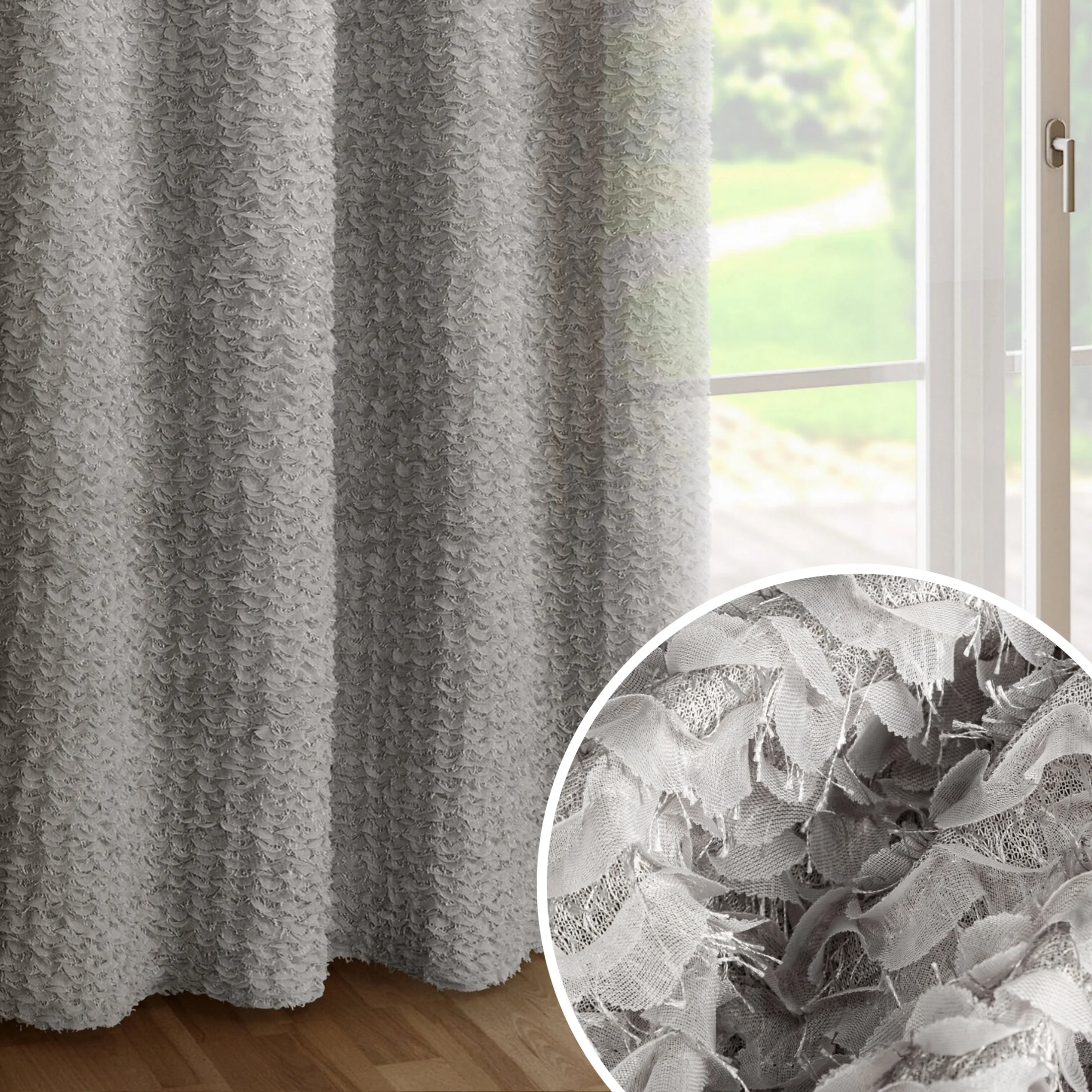 Zasłona srebrna zdobiona moherową nicią i subtelnymi falbanami 135x250 przelotka - TIFFANY - Eva Minge | eurofirany