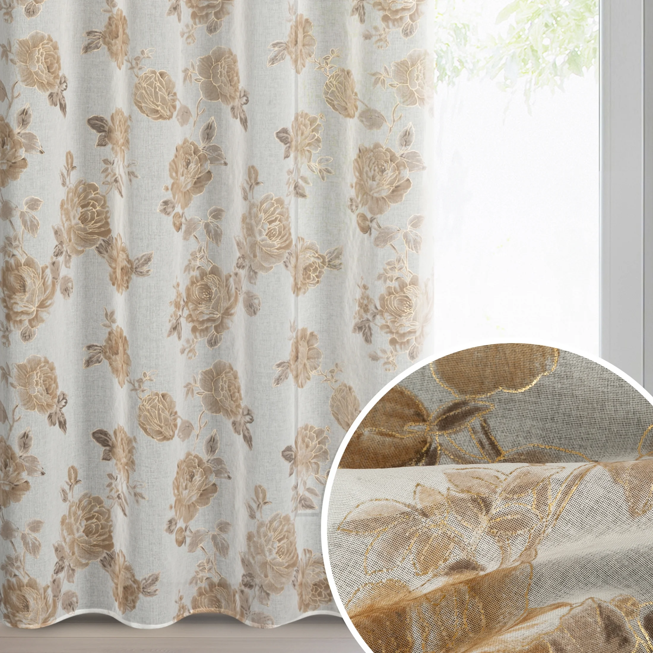 Zasłona biało, beżowa zdobiona nadrukiem róż z dodatkiem złota z etaminy 140x250 cm złote przelotki - MELA | eurofirany