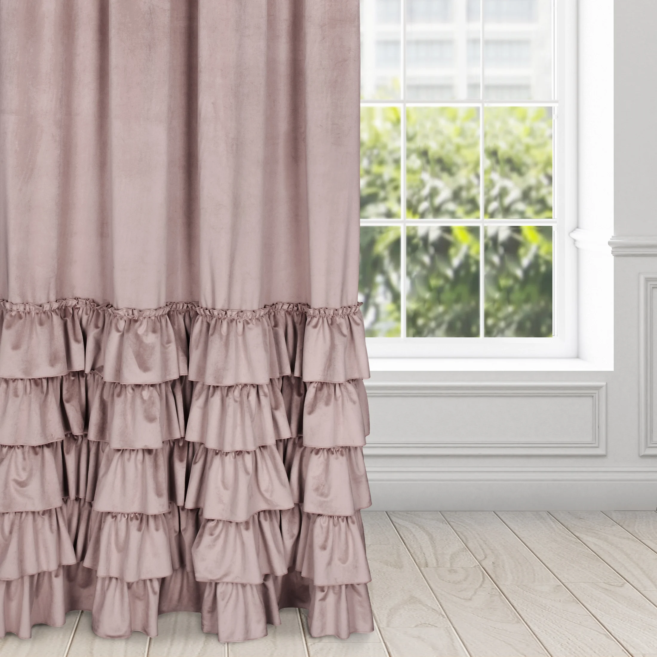 Zasłona welwetowa pudrowo różowa zdobiona falbanami 140x270 cm taśma - CHARLOTTE | eurofirany