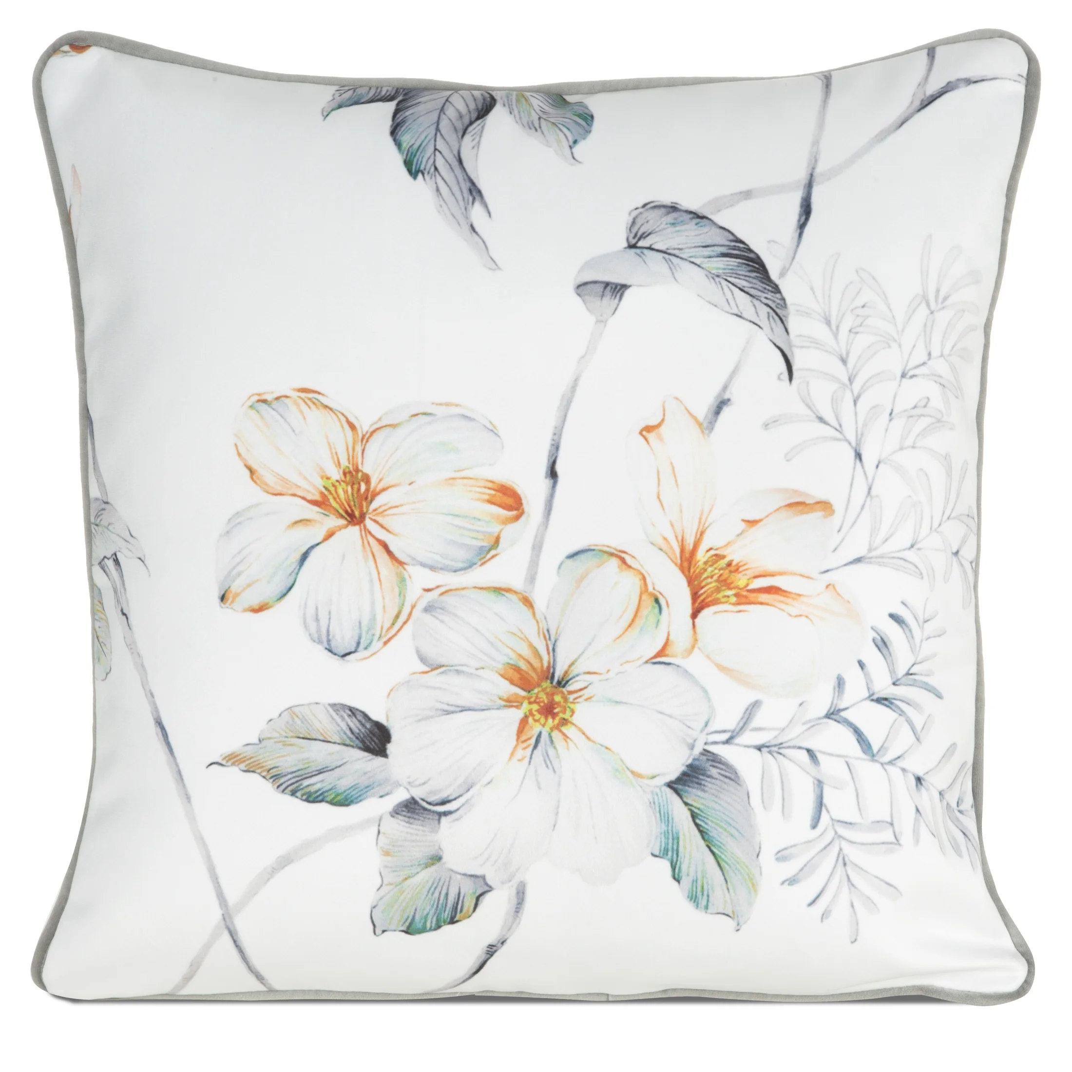 Poszewka na poduszkę dwustronna 45x45 cm welwetowa, biało pomarańczowa z motywem roślinnym z wypustką na brzegach AMELIA Eurofirany Premium | eurofirany