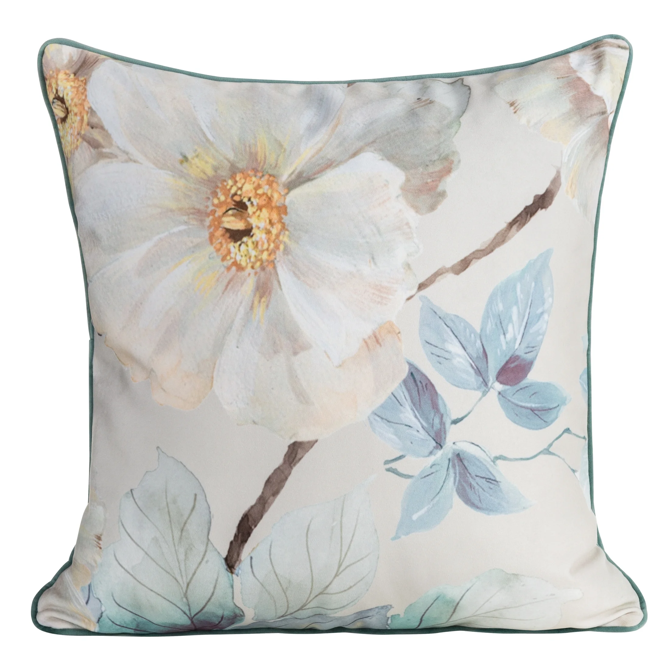 Poszewka na poduszkę 60x60 cm welwetowa błękitna, jasnobeżowa z malarskim nadrukiem wiosennych kwiatów i wypustką na brzegach ALINE | eurofirany