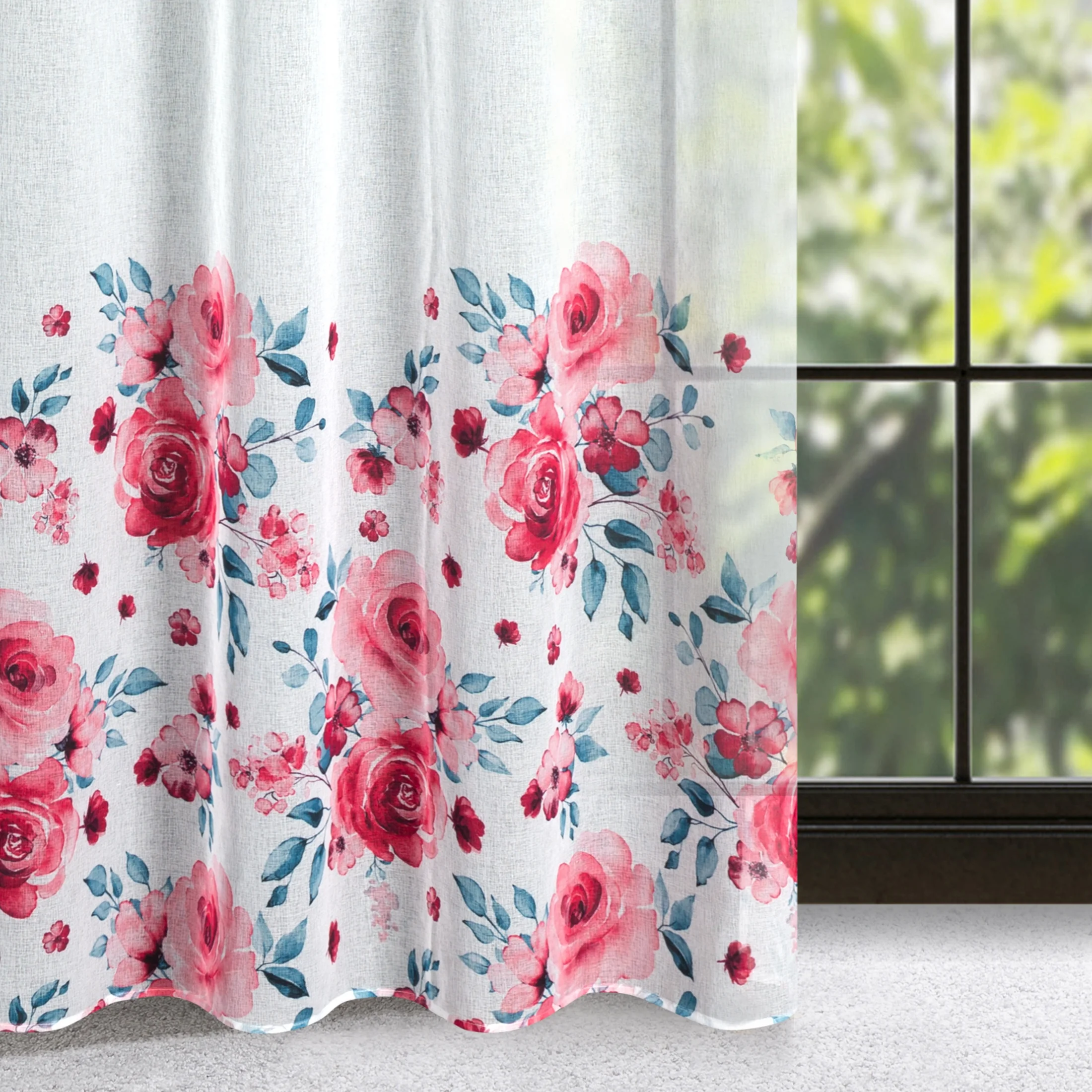 Zasłona biało, różowa z motywem malowanych kwiatów z etaminy 140x250 cm przelotka - CARLA | eurofirany