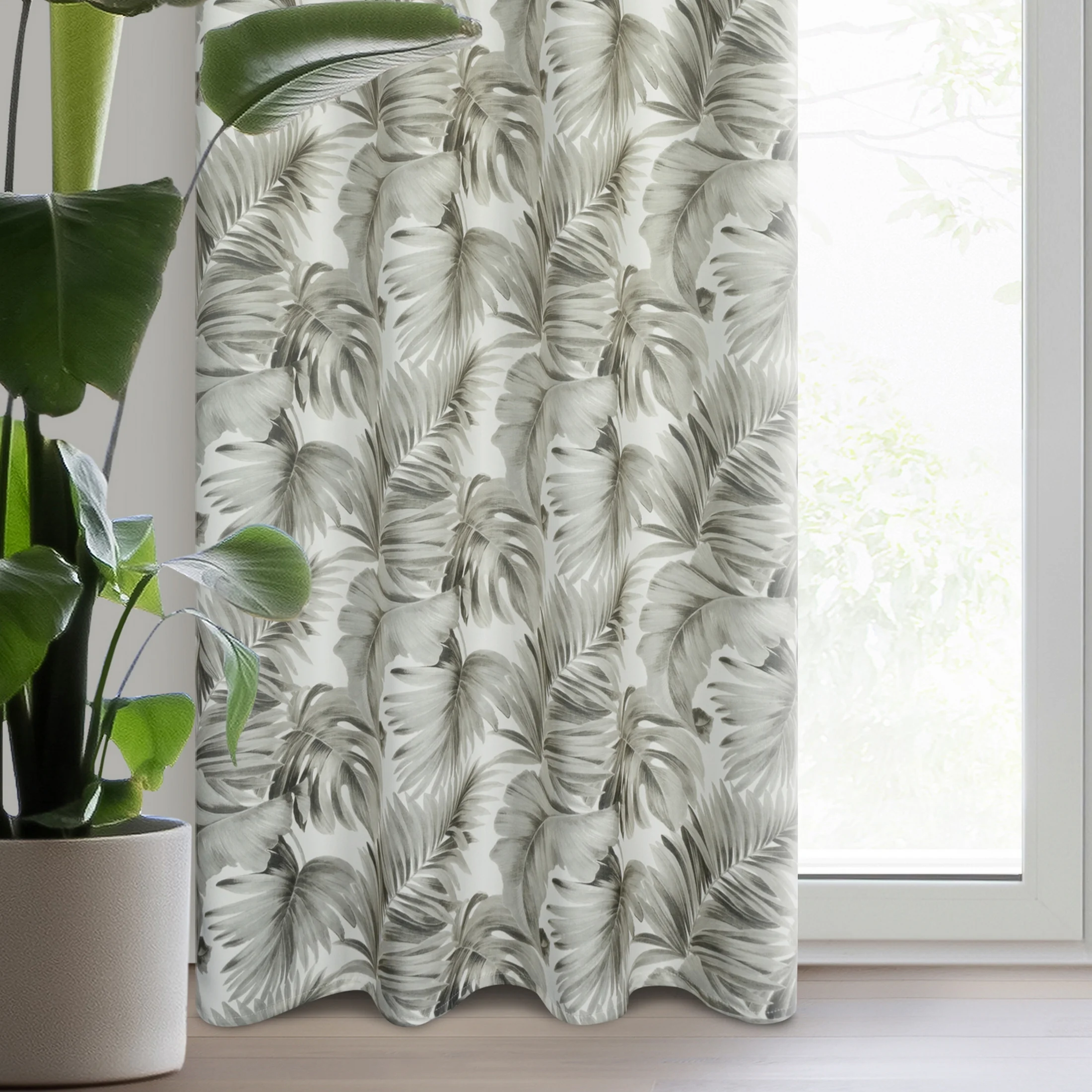 Zasłona biało, beżowa z motywem liści monstery, zaciemniająca 140x250 cm przelotka - ZORA | eurofirany