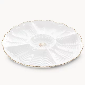 Patera ceramiczna dekoracyjna kremowo-złota z wypukłym wzorem i złotymi akcentami średnica 28x3 cm GAIA