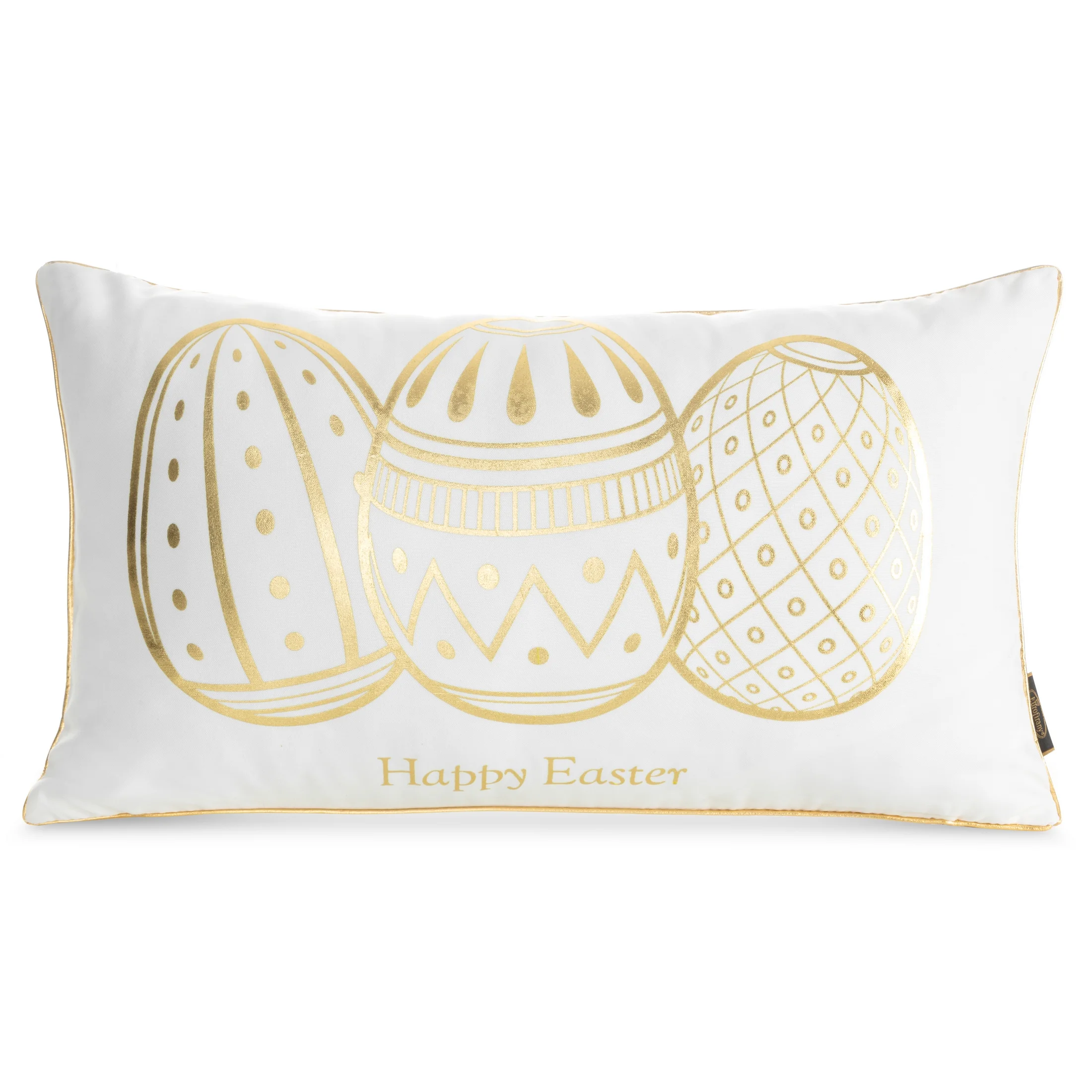 Poszewka na poduszkę 30x50 cm biało, złota z nadrukiem wielkanocnym i ozdobną lamówką WIOSNA 49 | eurofirany