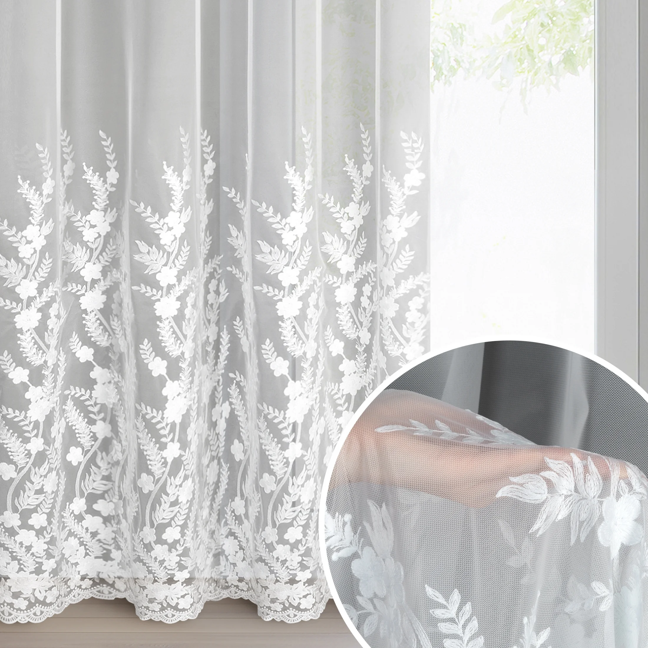 Firana biała z siateczki zdobiona haftem 300x250 cm przelotka - TALINA | eurofirany