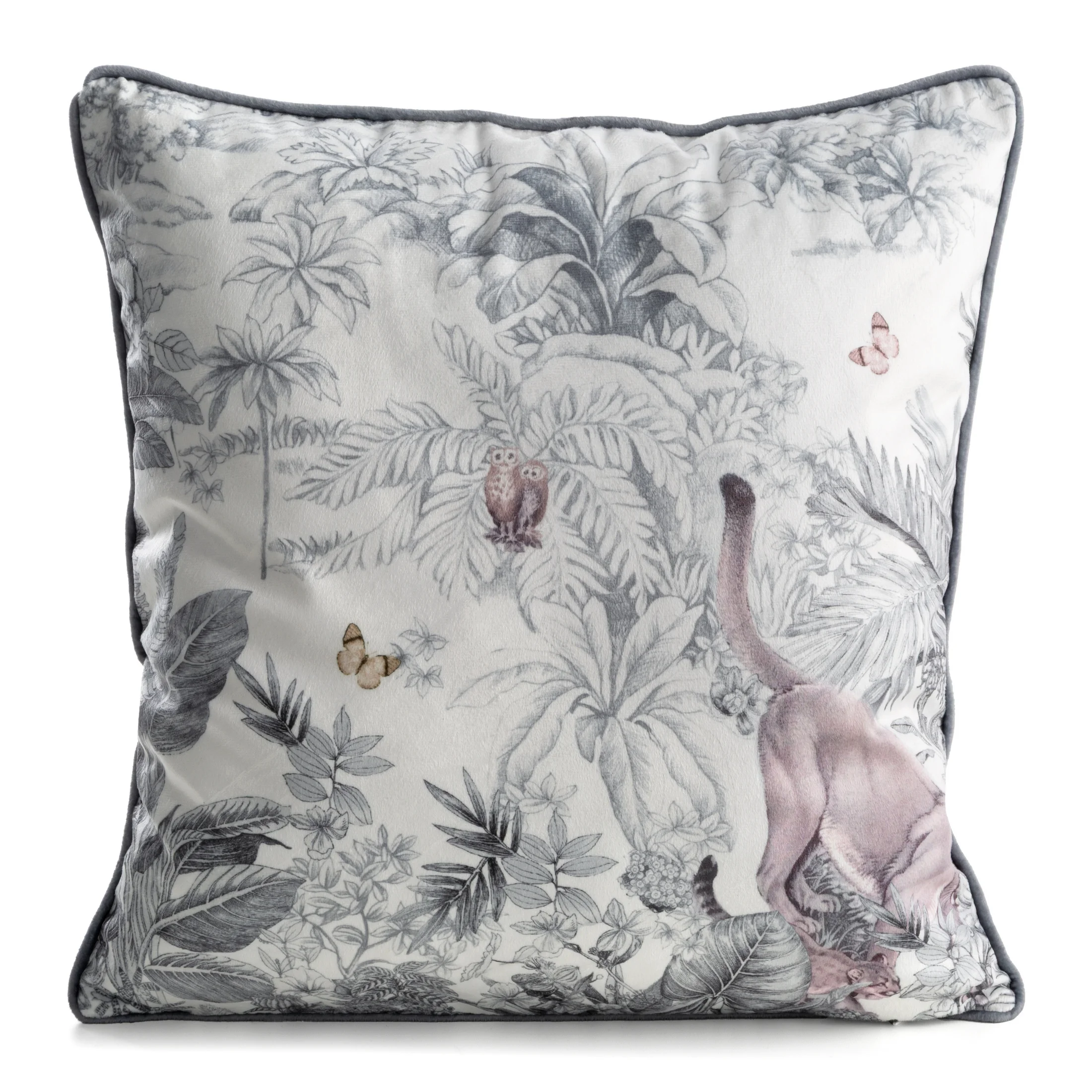 Poszewka na poduszkę 45x45 cm welwetowa biało, szara z roślinnym nadrukiem VELVET 203 | eurofirany