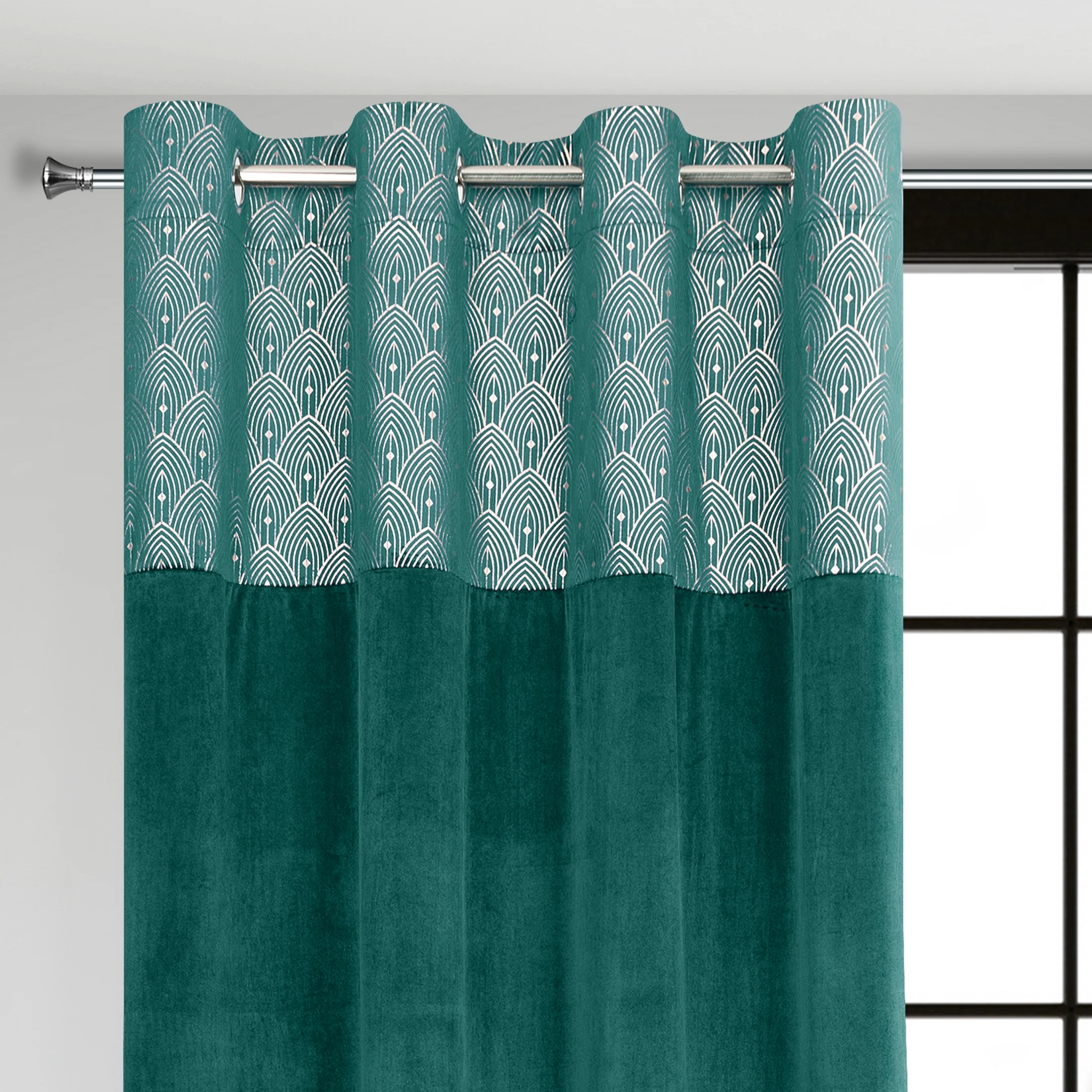 Zasłona turkusowa z aplikacją z błyszczącego welwetu 140x250 cm przelotka - AGNES - Design 91 | eurofirany