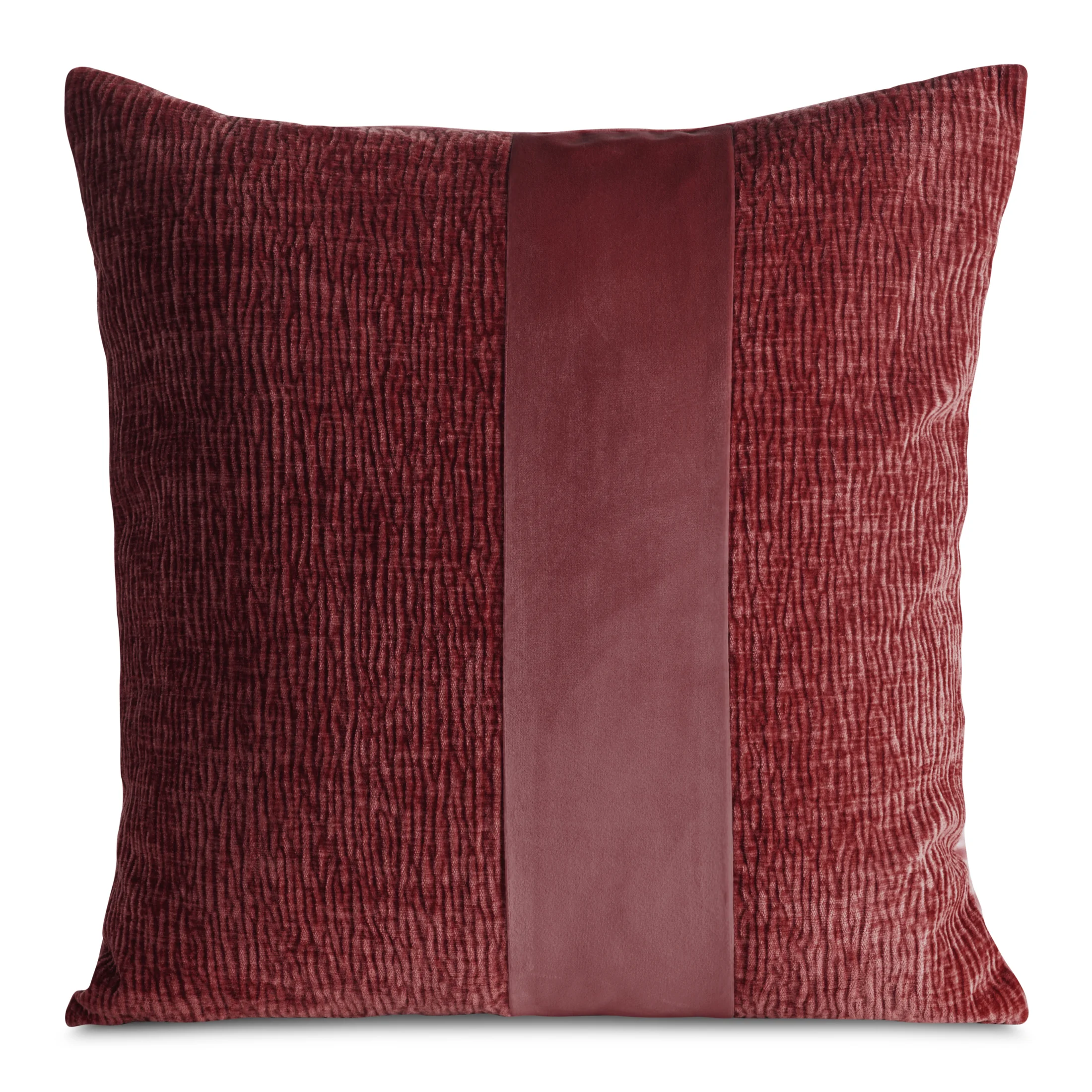 Poszewka na poduszkę 45x45 cm bordowa szenilowa zdobiona pasem z welwetu CARLA 02 - kolekcja AMAROSA | eurofirany