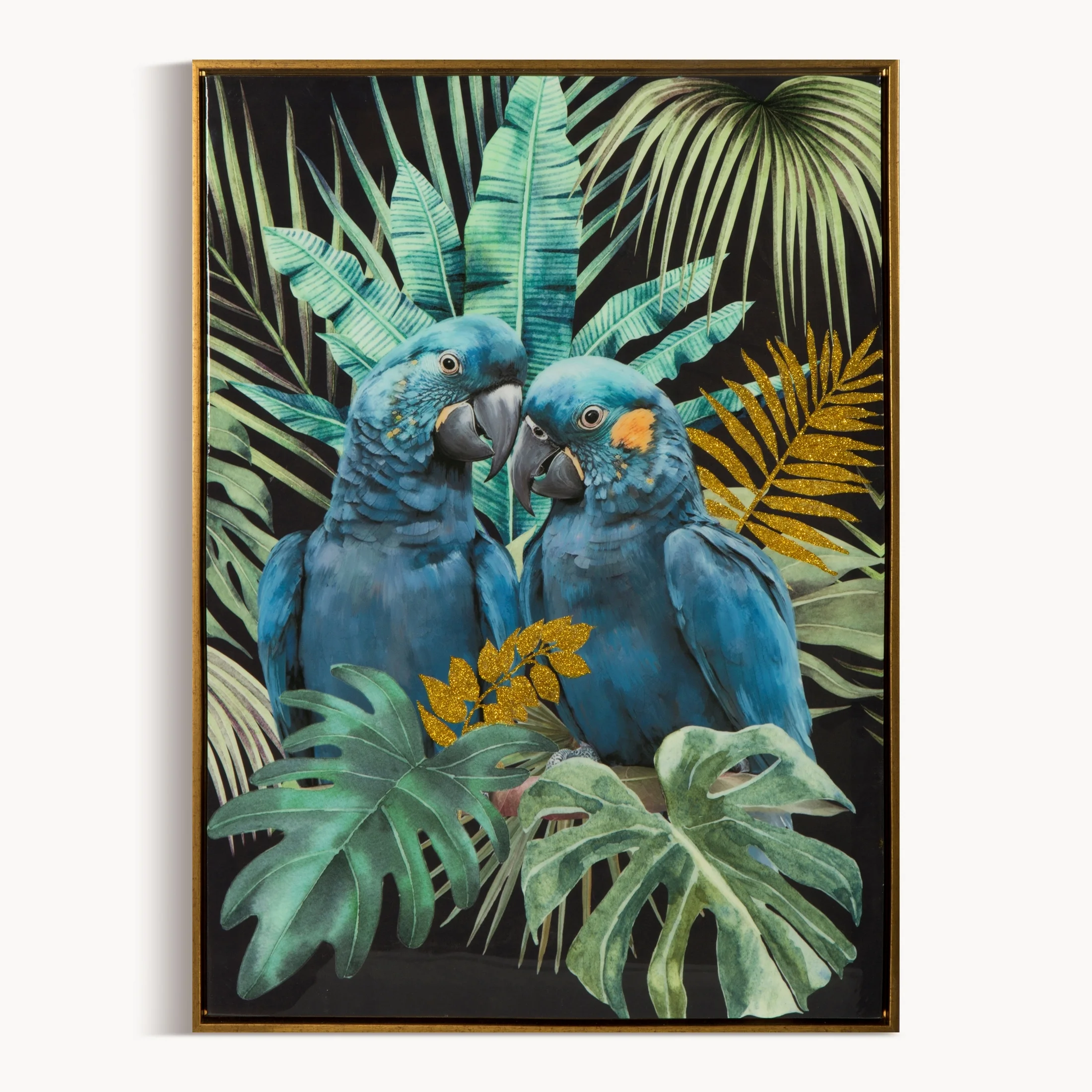 Obraz PARADISE 4 ręcznie malowany na płótnie papugi pośród egzotycznych kwiatów i liści oprawiony w ramę | eurofirany