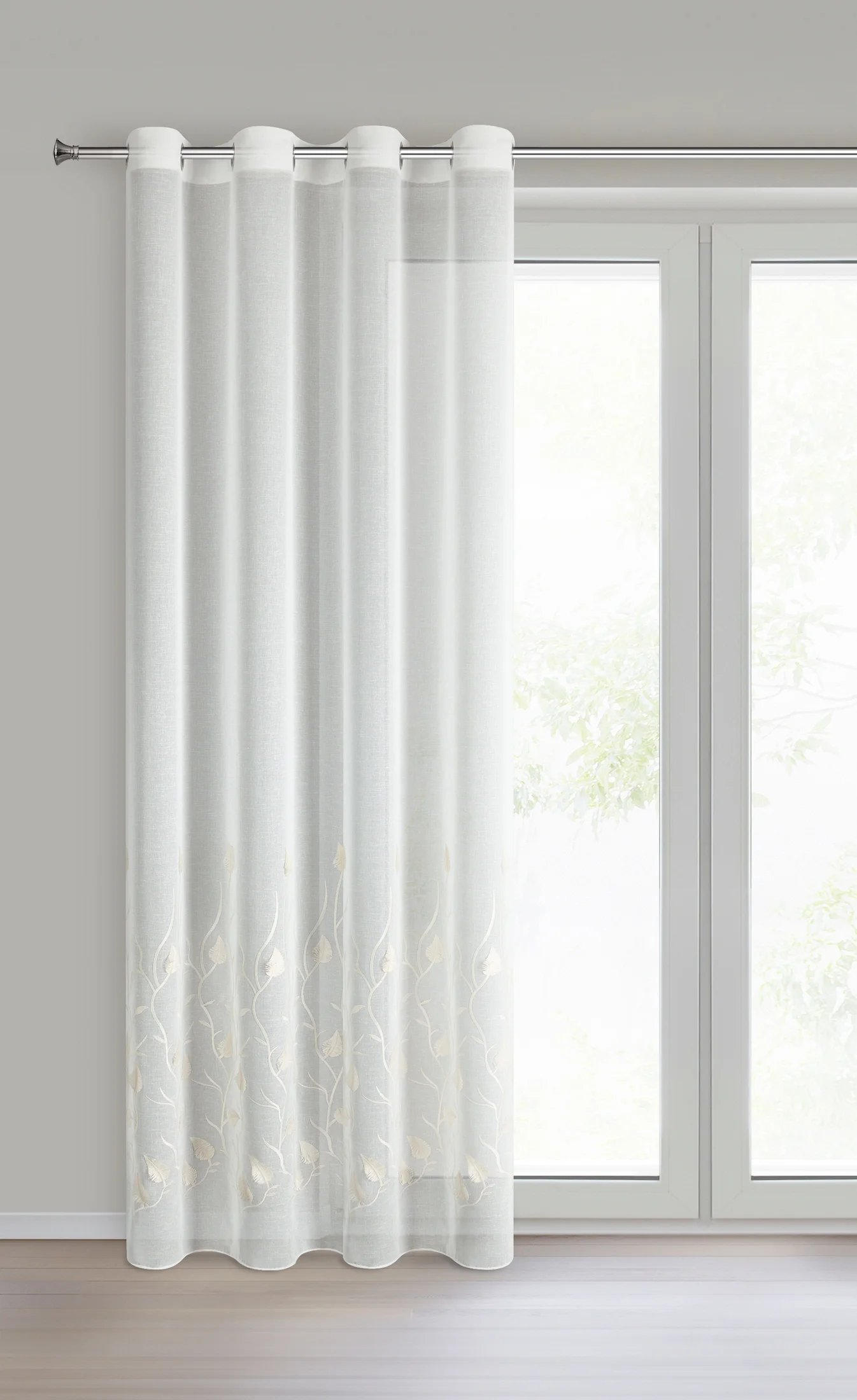 Firana biała z etaminy zdobiona haftem roślinnym 140x250 cm przelotka - BROKLYN