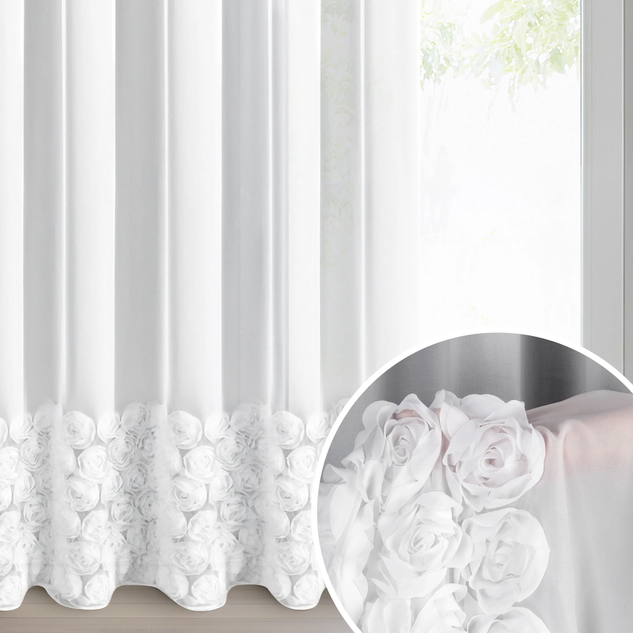 Firana biała z szyfonu zdobiona aplikacją 3D w róże 350x250 cm przelotka - ROSES - Eva Minge | eurofirany