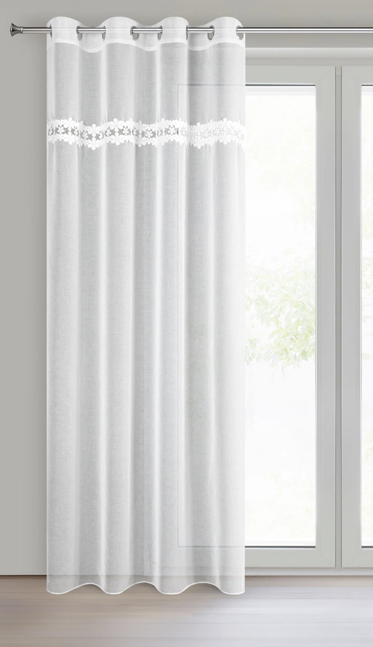 Firana biała z etaminy zdobiona ażurową aplikacją 140x250 cm przelotka KAJA