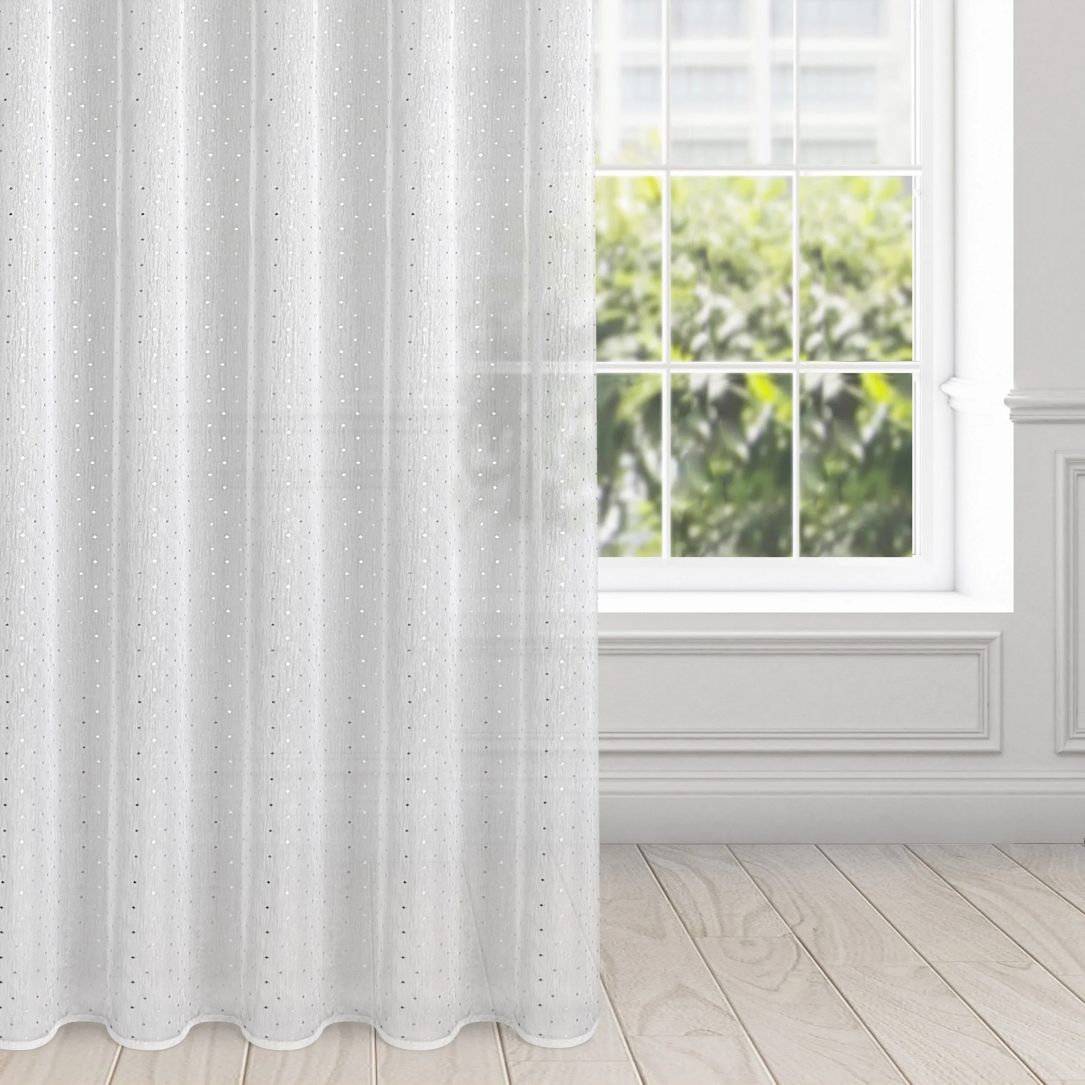 Firana biała z srebrnym nadrukiem drobnych kwadracików 140x270 cm taśma SIBEL | eurofirany