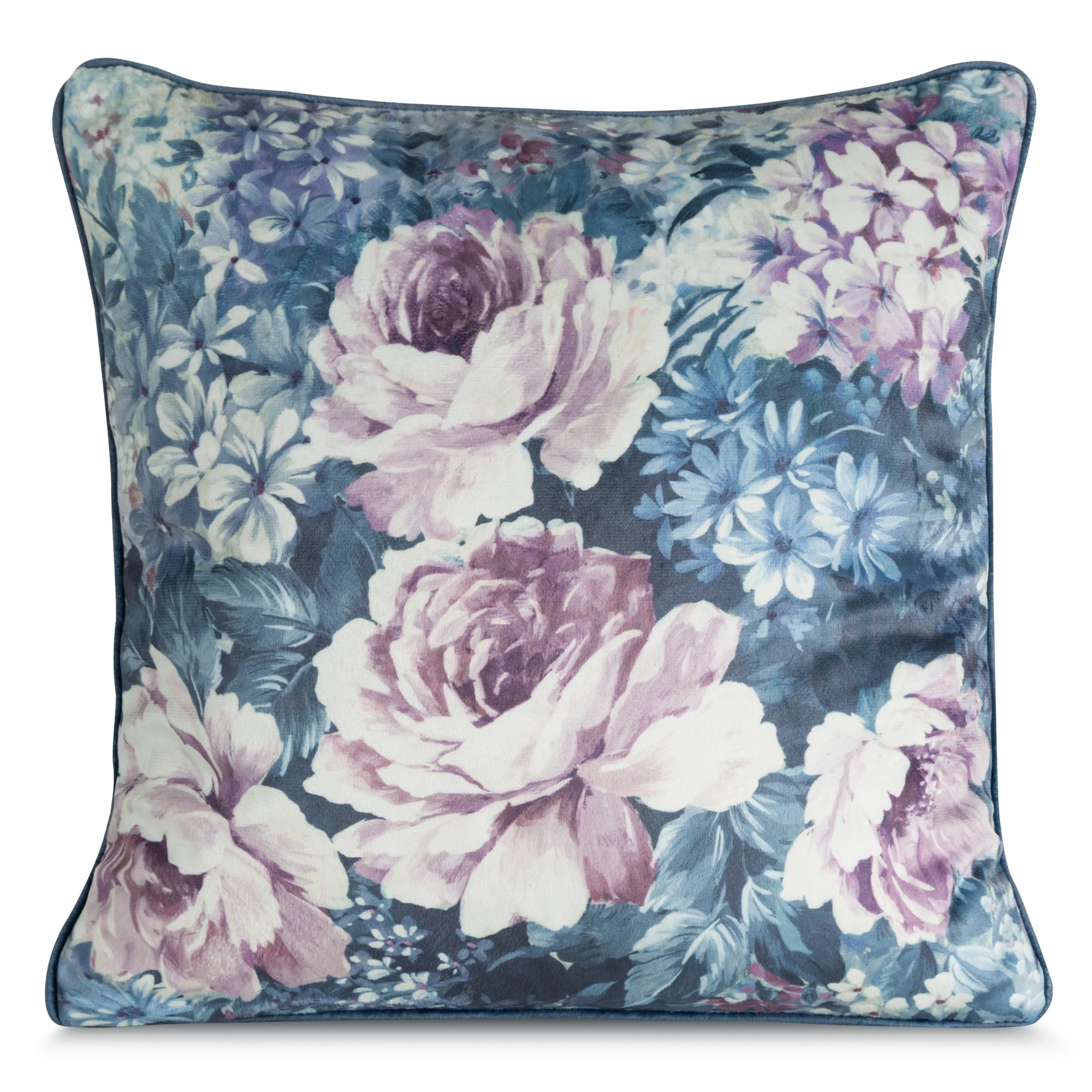 Poszewka na poduszkę 45x45 cm welwetowa ciemnoniebiesko, różowa z roślinnym nadrukiem VELVET 204 | eurofirany