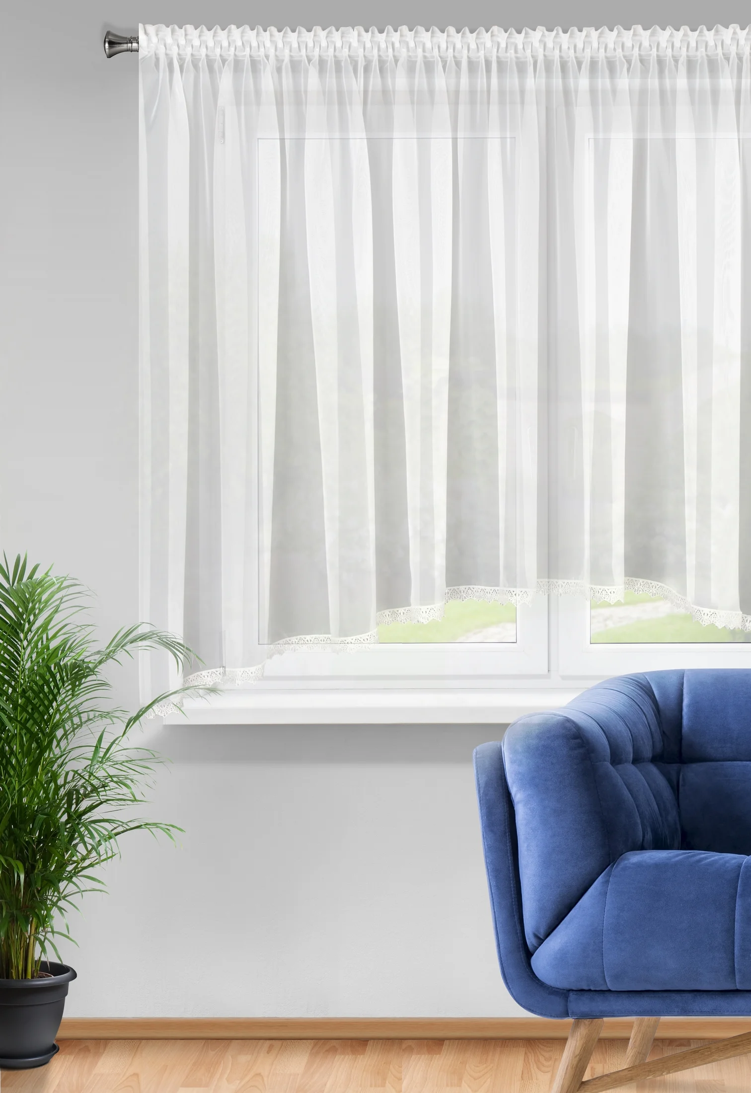 Firana biała łuk z ozdobną koronką 400x150 cm taśmie - CANDY