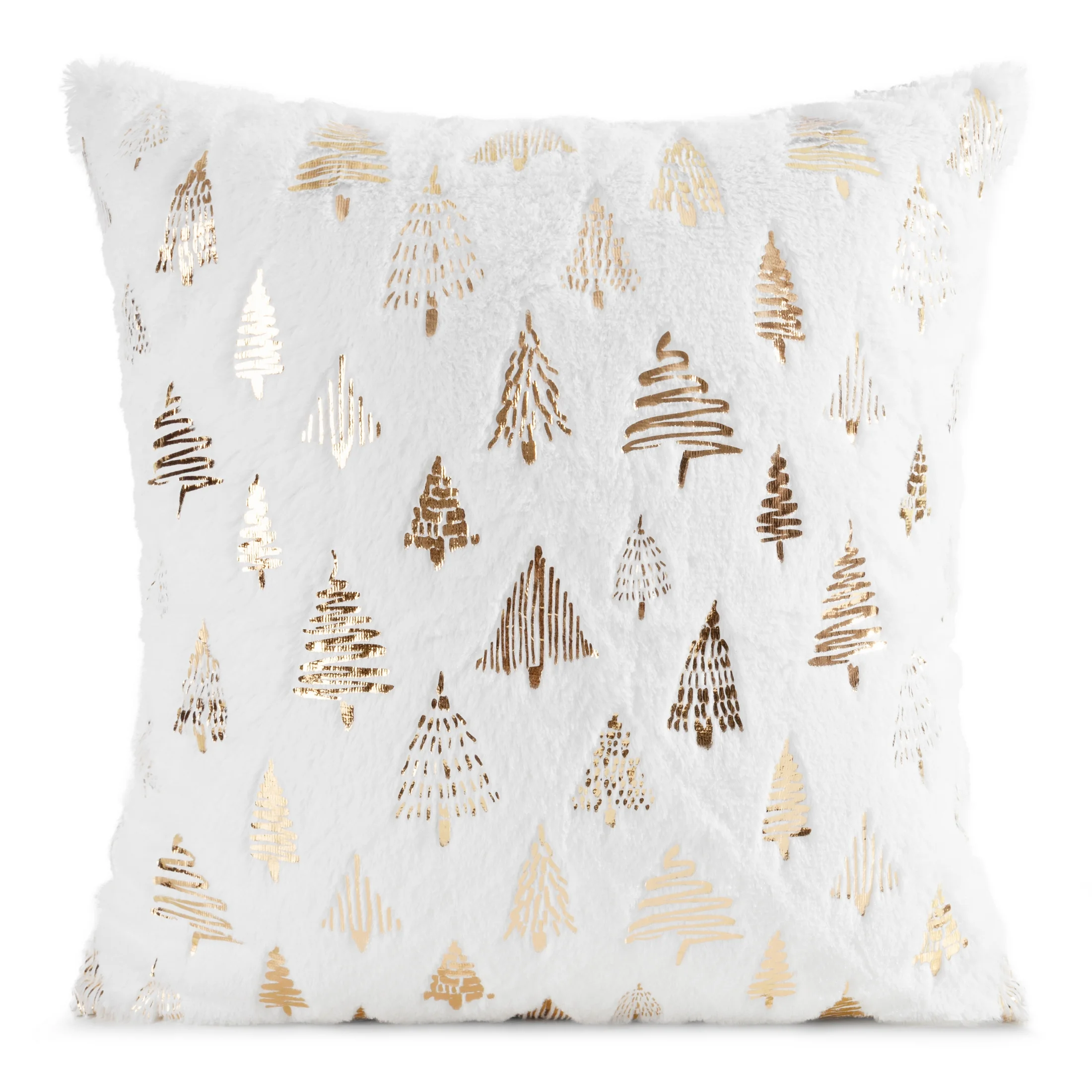 Poszewka na poduszkę świąteczna 45x45 cm biało, złota z przyjemnego futerka zdobiona nadrukiem choinek | eurofirany