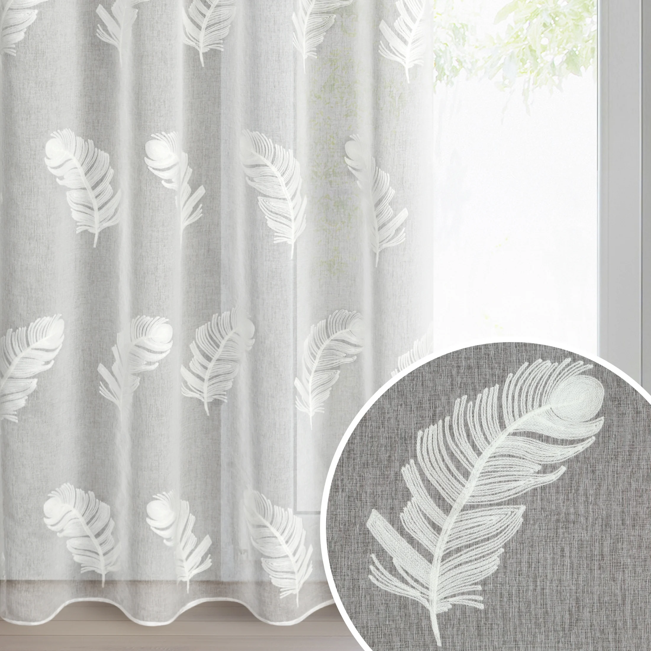 Firana biała z etaminy zdobiona haftem piór 140x250 cm przelotka - LIRENA | eurofirany