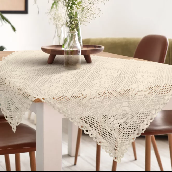 Bieżnik na stół 85x85 cm  jasnobeżowy ażurowy ROSALY w stylu boho