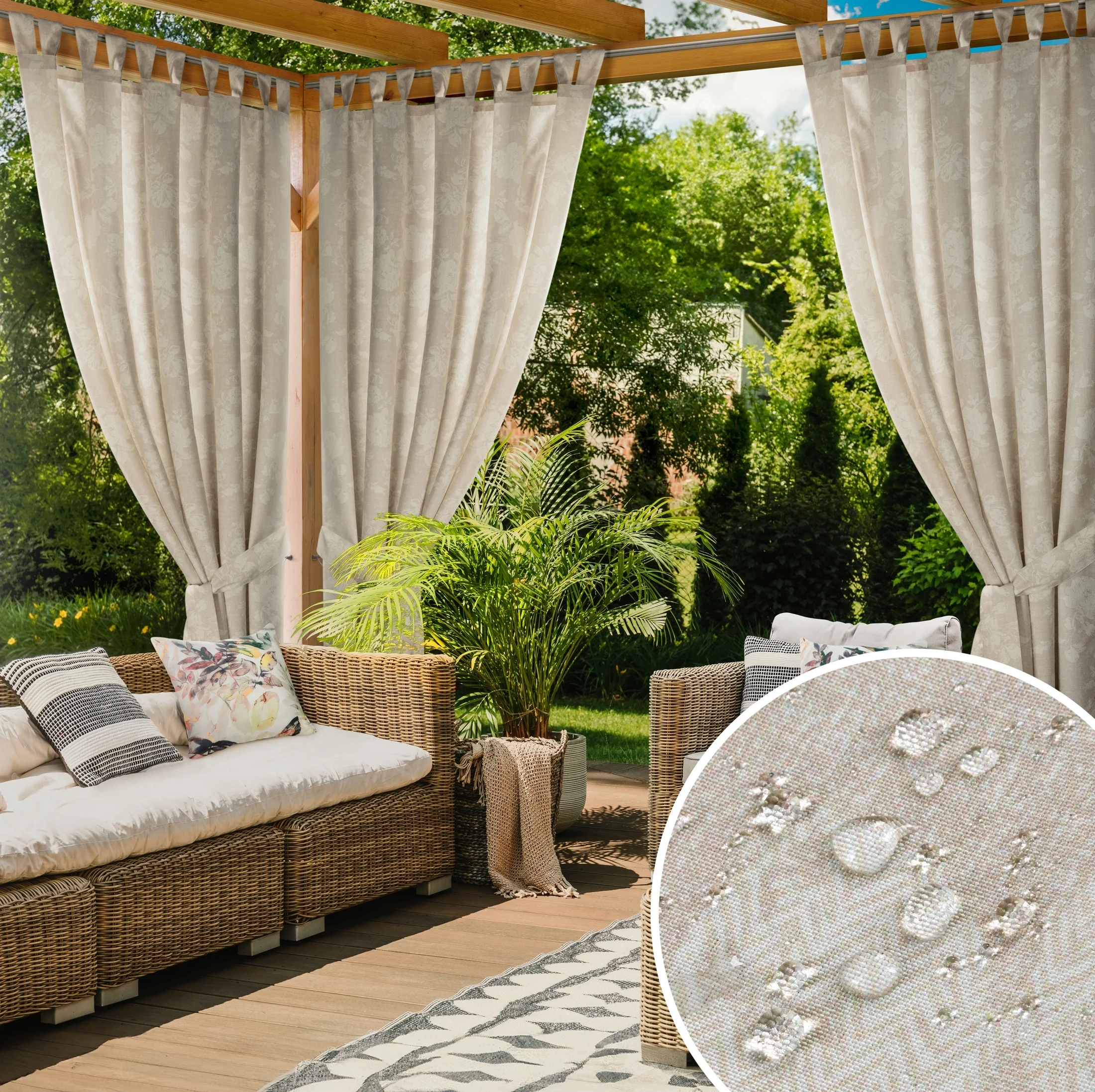 Zasłona pudrowo, kremowa z wodoodpornej tkaniny idealna do ogrodu i na taras 155x220 cm szelki/rzep - GARDEN | eurofirany