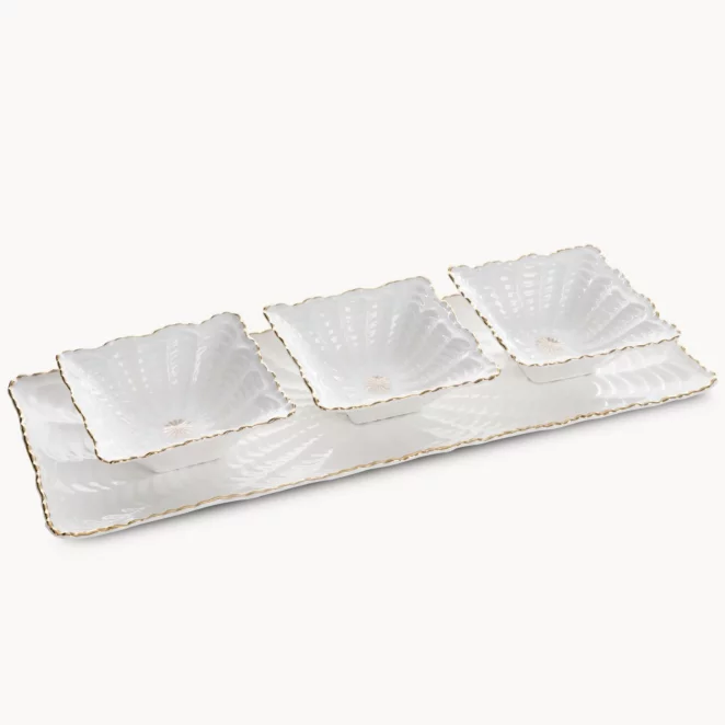Patera ceramiczna dekoracyjna kremowo-złota z trzema miseczkami zdobiona wypukłym wzorem 42x16x2 cm GAIA