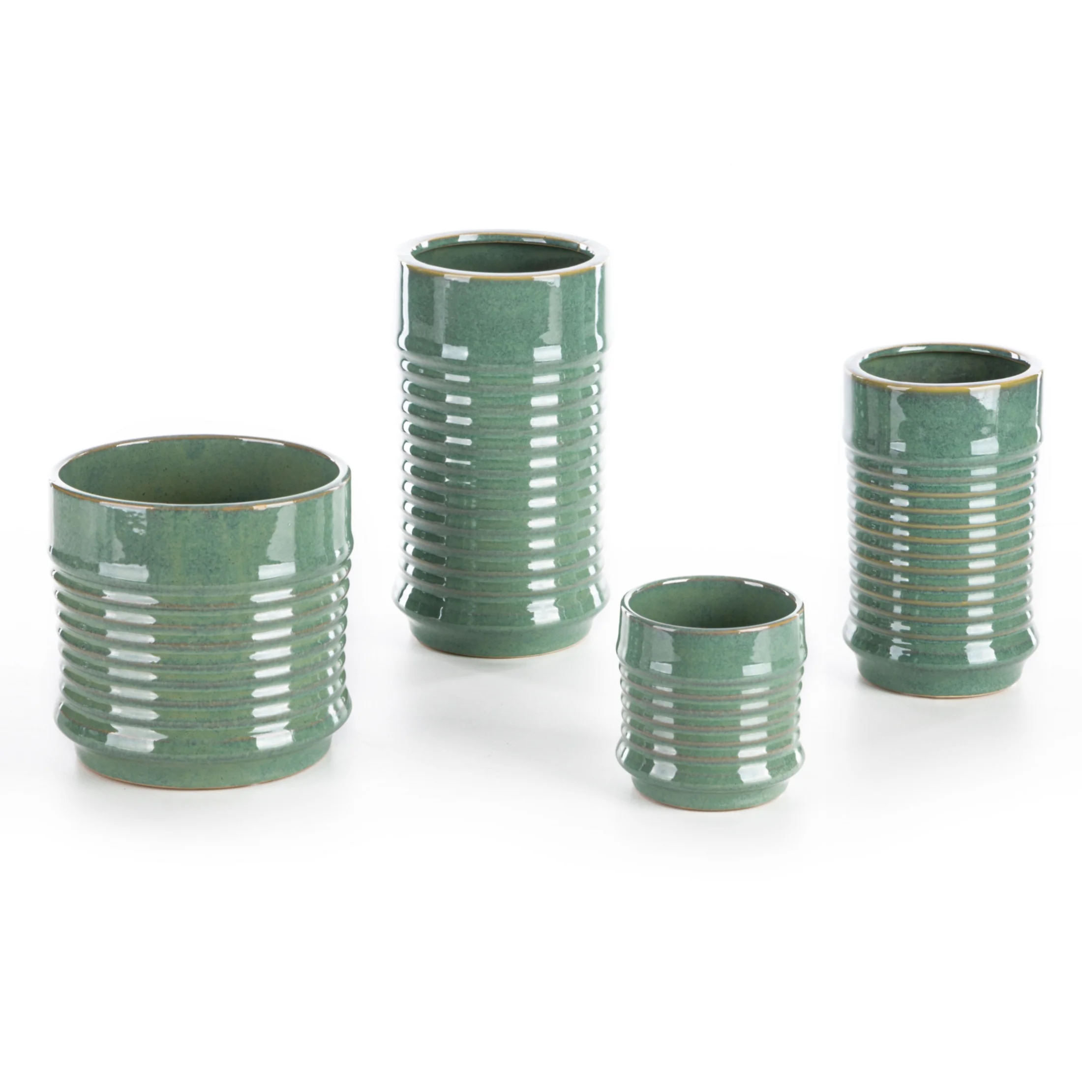 Wazon ceramiczny zielony o kształcie walca ze żłobieniami średnica 15x26 cm SAMI