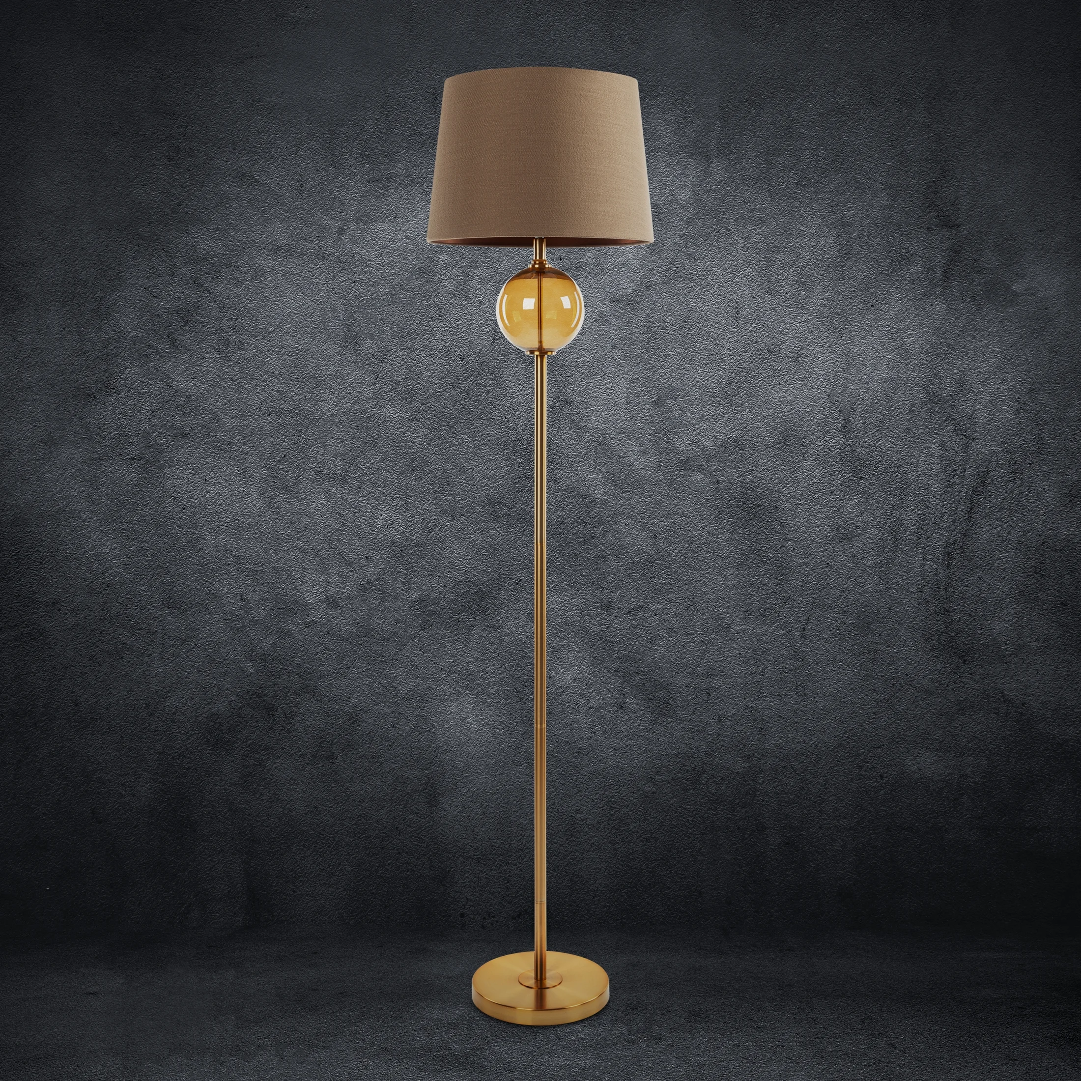 Lampa stojąca do pokoju ciemnobrązowo, złota LEONA z matowym abażurem o widocznym splocie