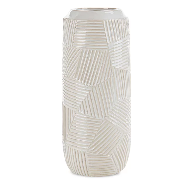 Wazon ceramiczny kremowy dekoracyjny z wytłaczanym wzorem średnica 12x30 cm ROMINA - kolekcja SEA SUMMER