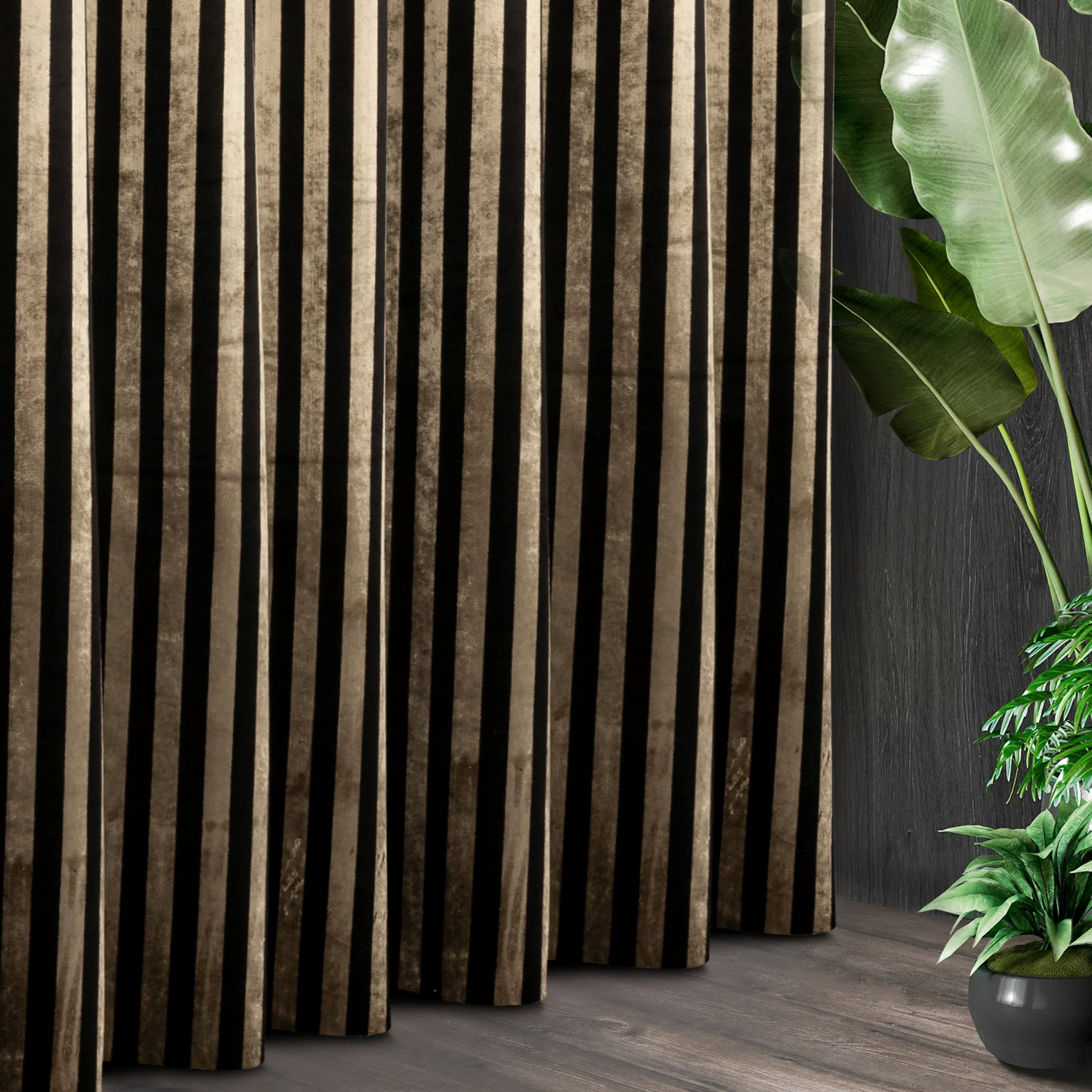 Tkanina zasłonowa welwetowa, elegancka w pionowe pasy obiciowa z kolekcji Eva Minge